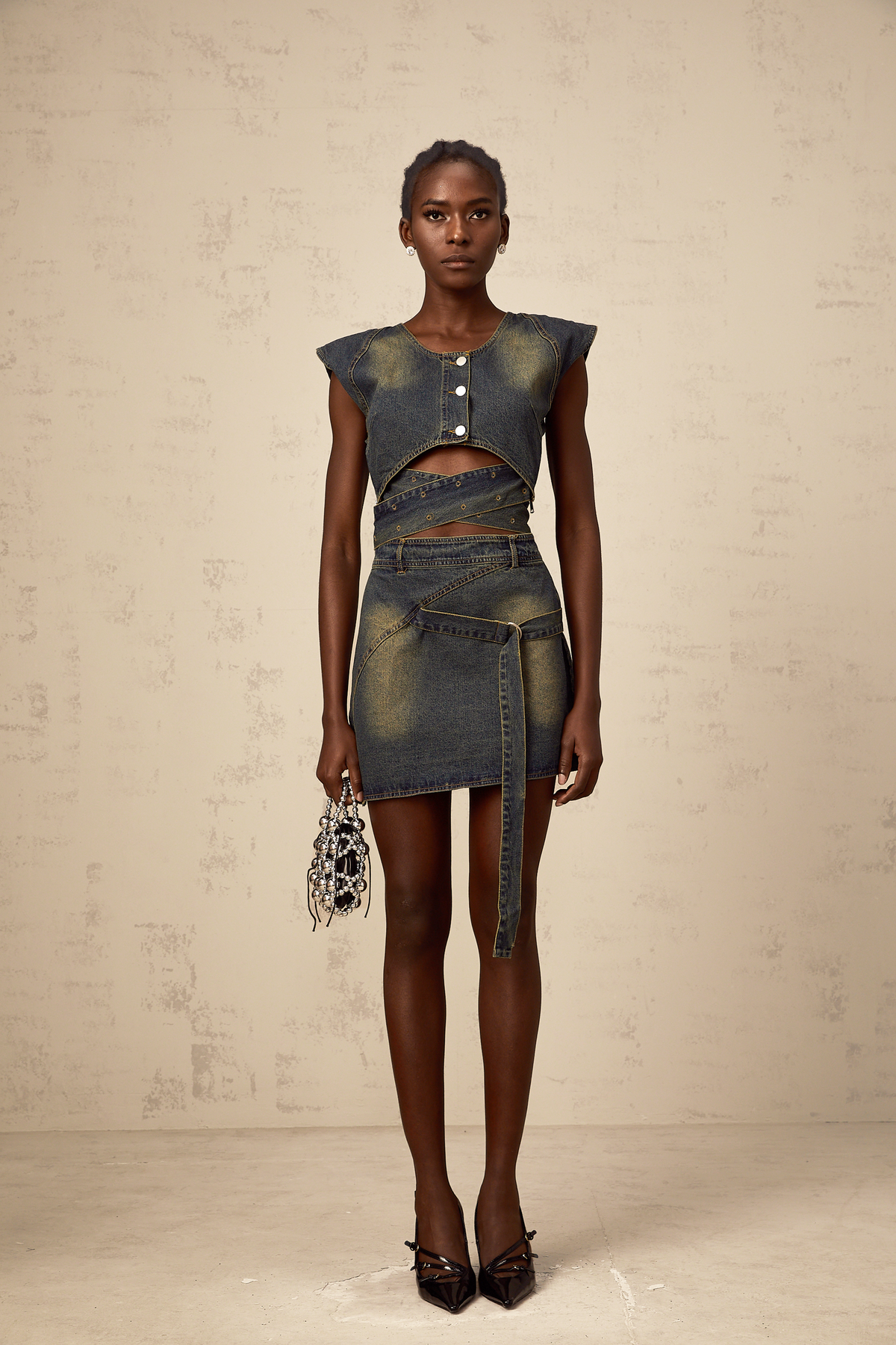 Fanny blue cross-over denim top & skirt matching set