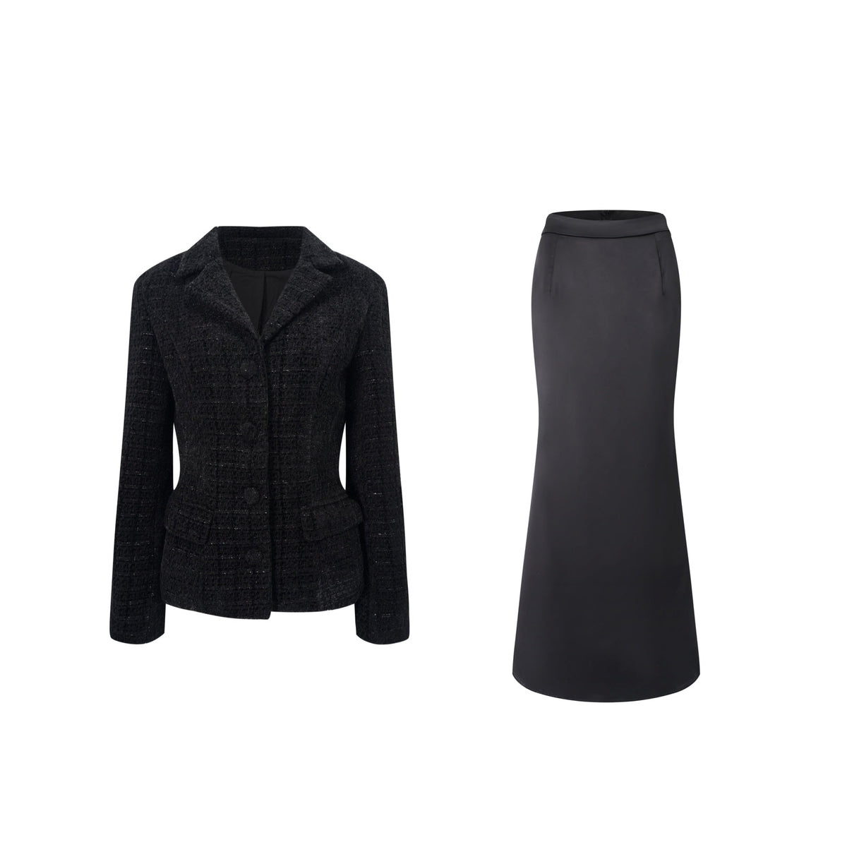 Ariadna Black Tweed Jacket & Satin Skirt Set (Final Sale-US Only)