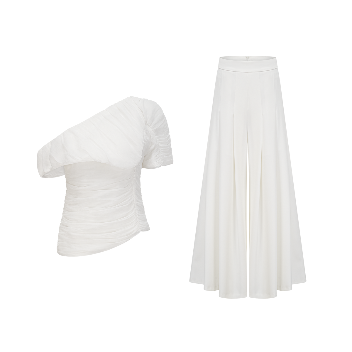 Adèle creased top & trousers matching set in White