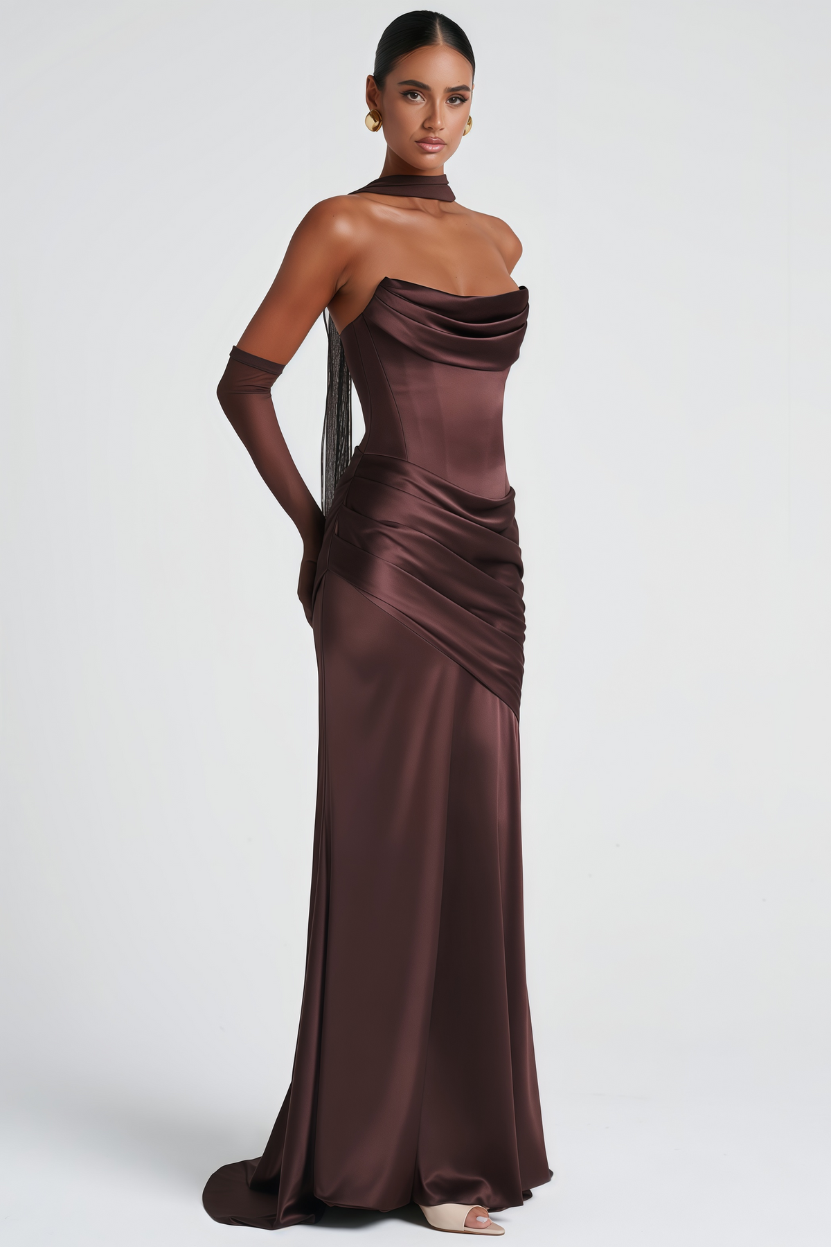 Marilou Brown Ruched Satin Maxi Dress