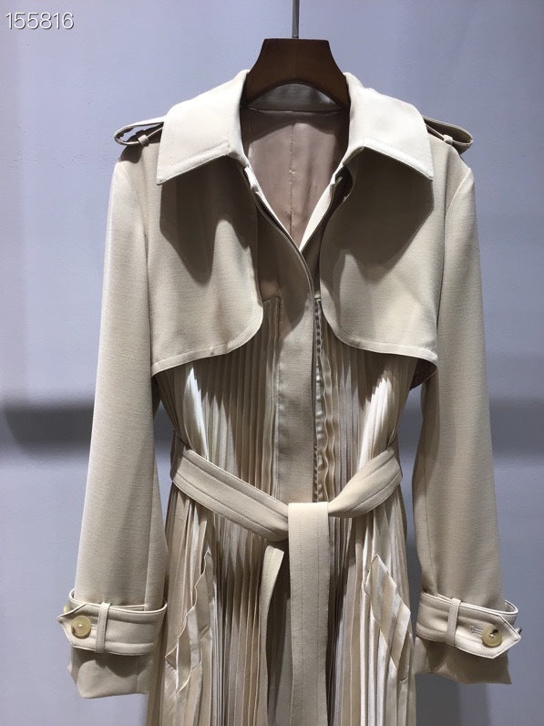 Sandro Ruffle Pleated Trench Coat with Belt - beige