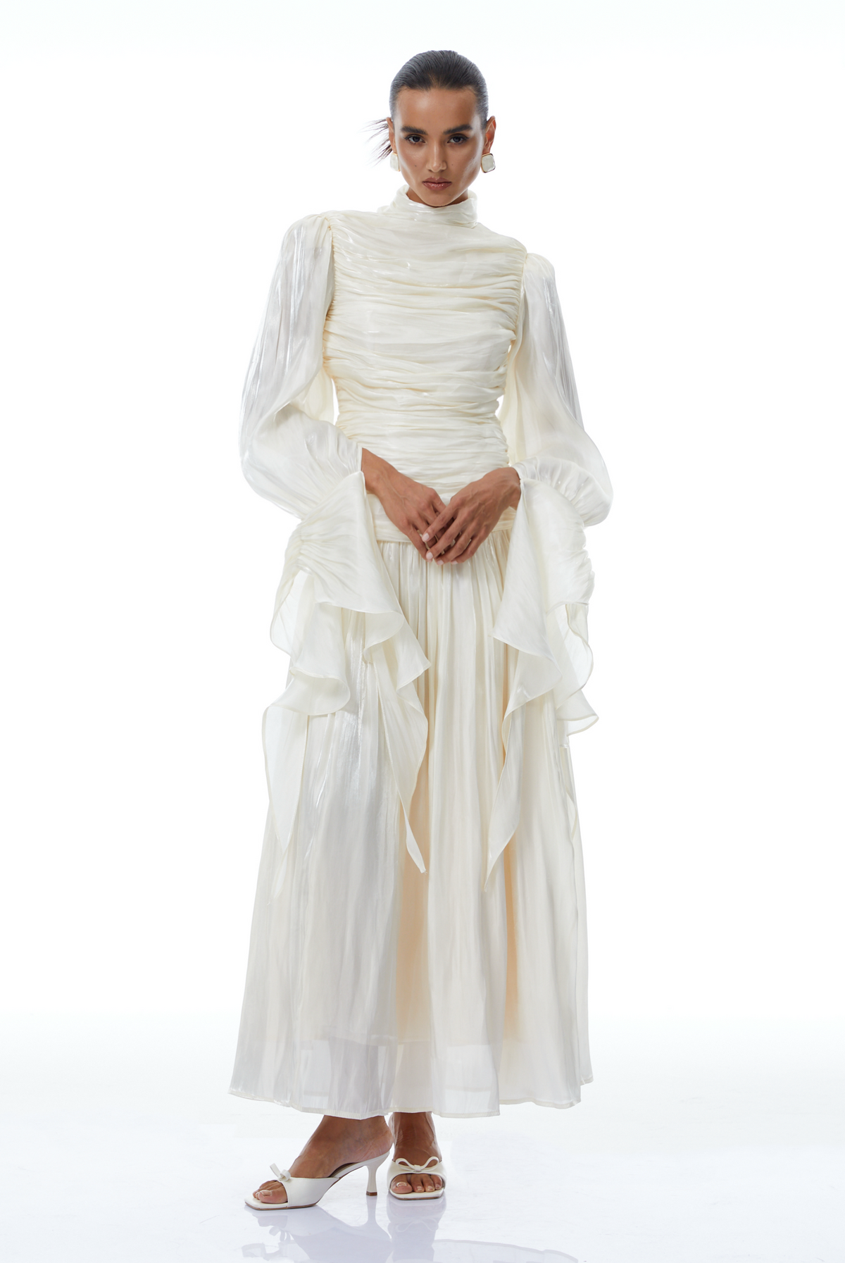 Sarolta Neutral Glossy Ruched Maxi Dress