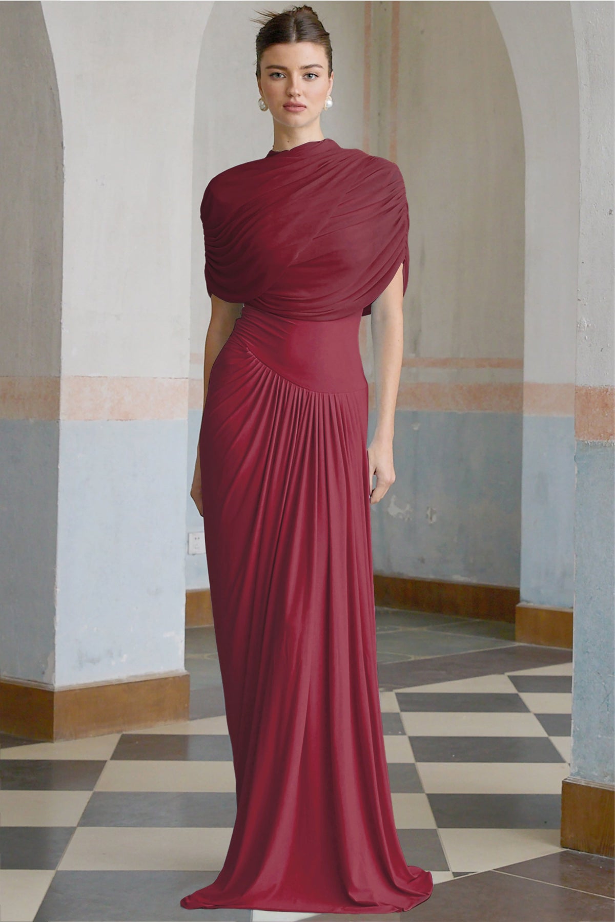 Catherine asymmetric pleated maxi dress in Red