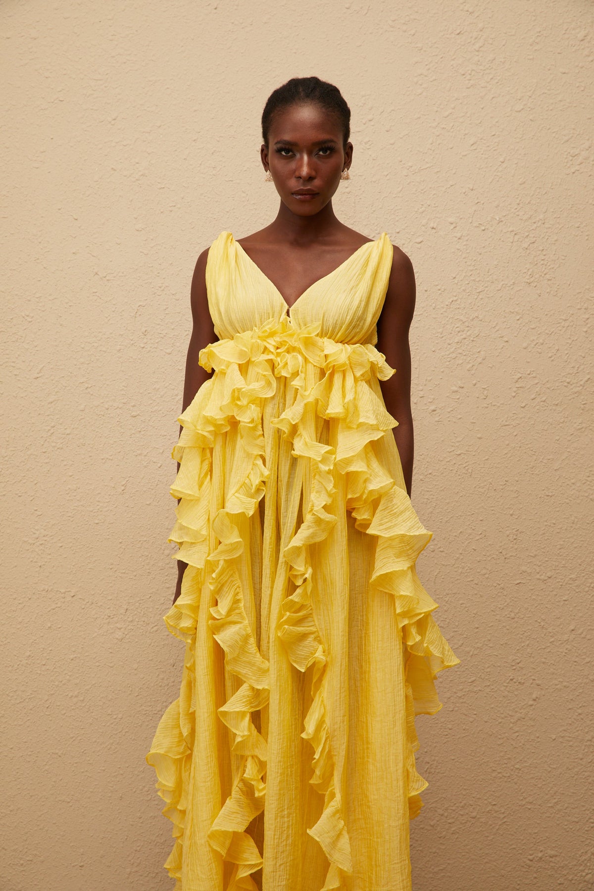 Estelle Yellow Crinkled Ruffled Maxi Dress