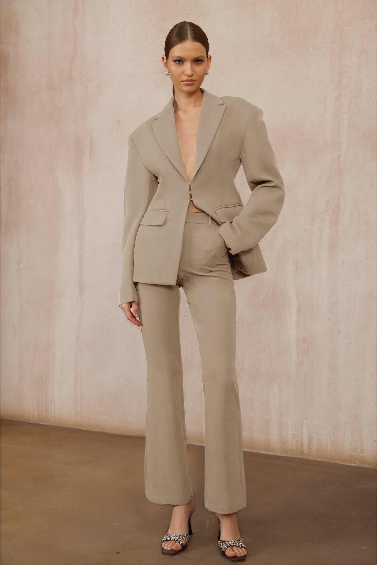 Prunille Khaki Lace-Up Blazer & Trousers Set