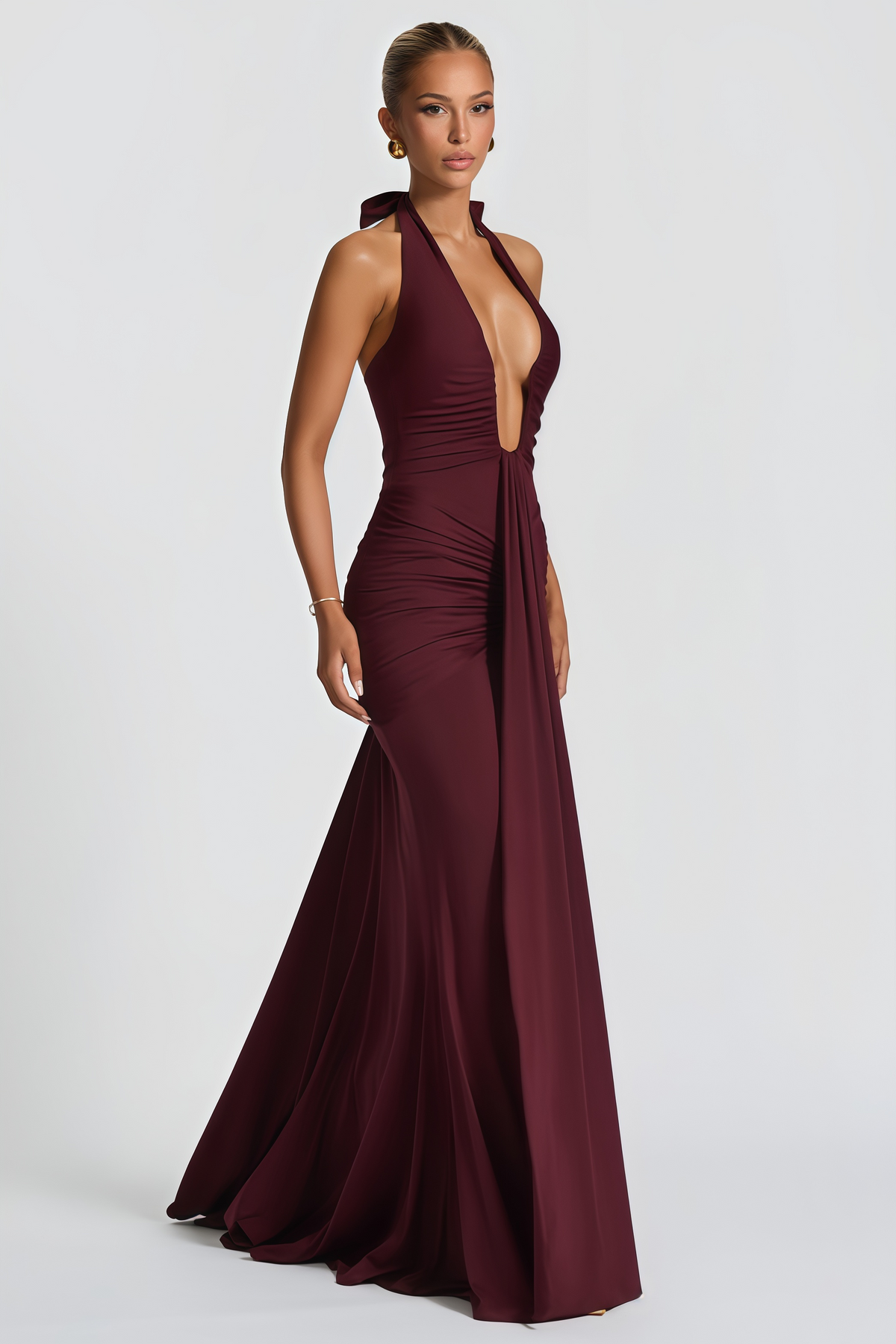 Aiglantine Burgundy Halterneck Ruched Maxi Dress