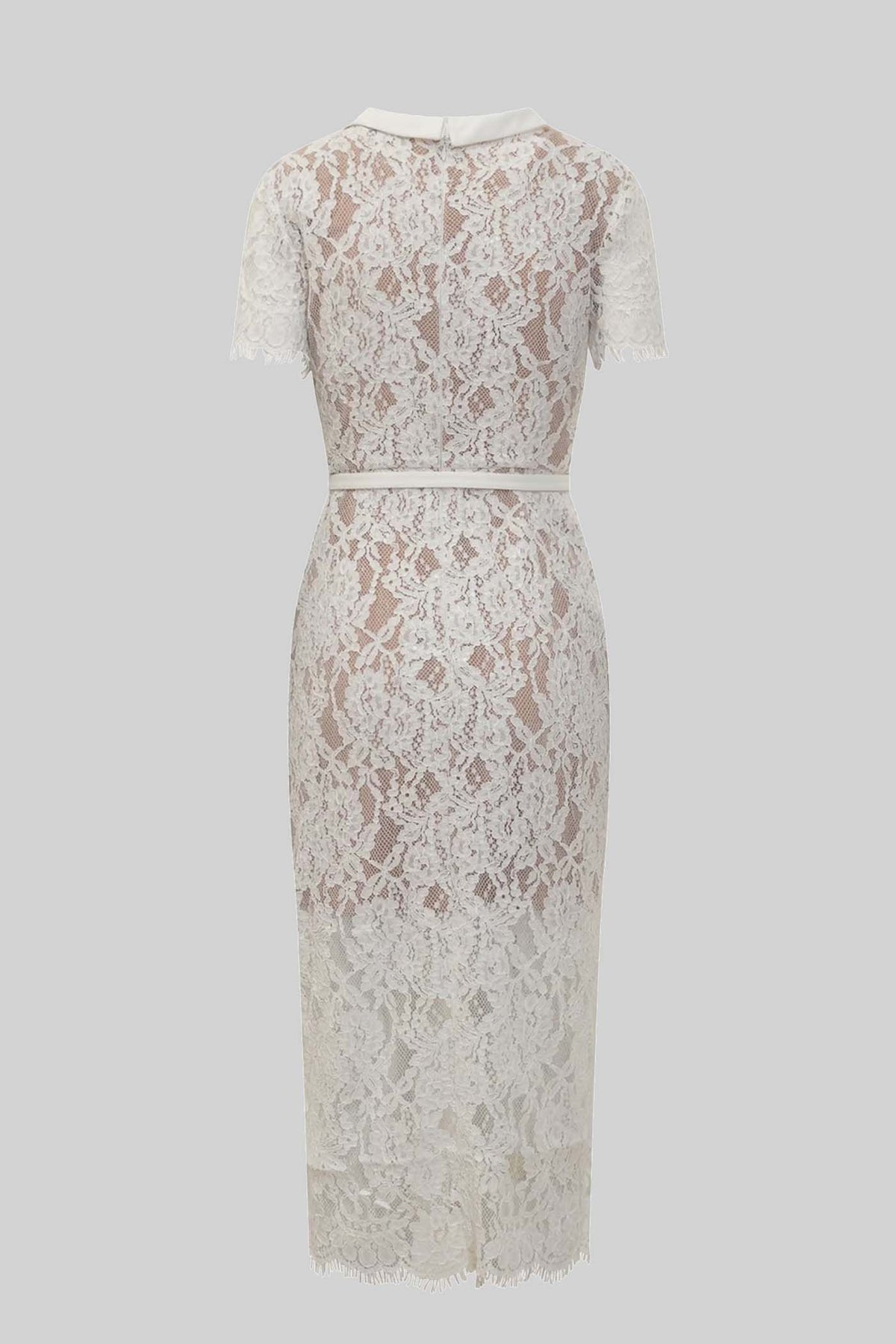 Elegant Short Sleeve Lace Dress With Matching Waist Belt - White