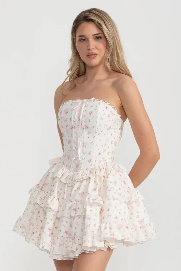Corset Mini Dress With Ribbon Lacing Detail And Multi-Layered Ruffled Skirt - White/Pink