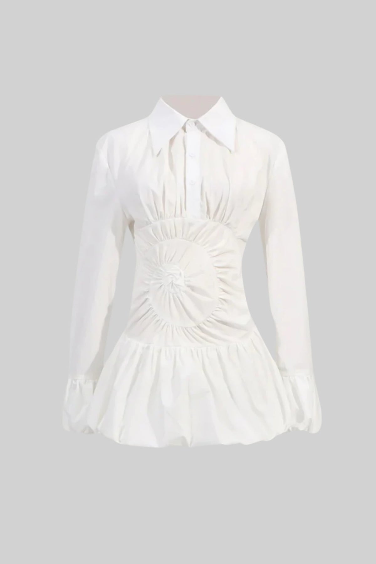 Mini Dress Shirt with Circular Ruched Waist Detail - White