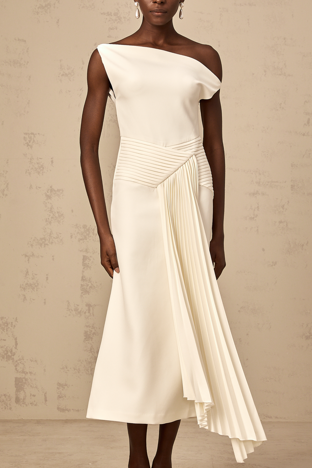 Laurine asymmetrical draped midi dress in White (Final Sale-US Only)