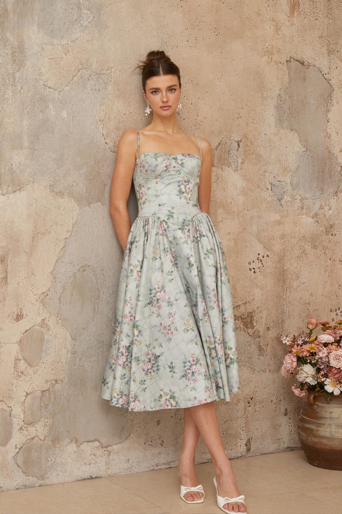 Prunelle sage-green floral-print shirred midi dress (Final Sale-US Only)