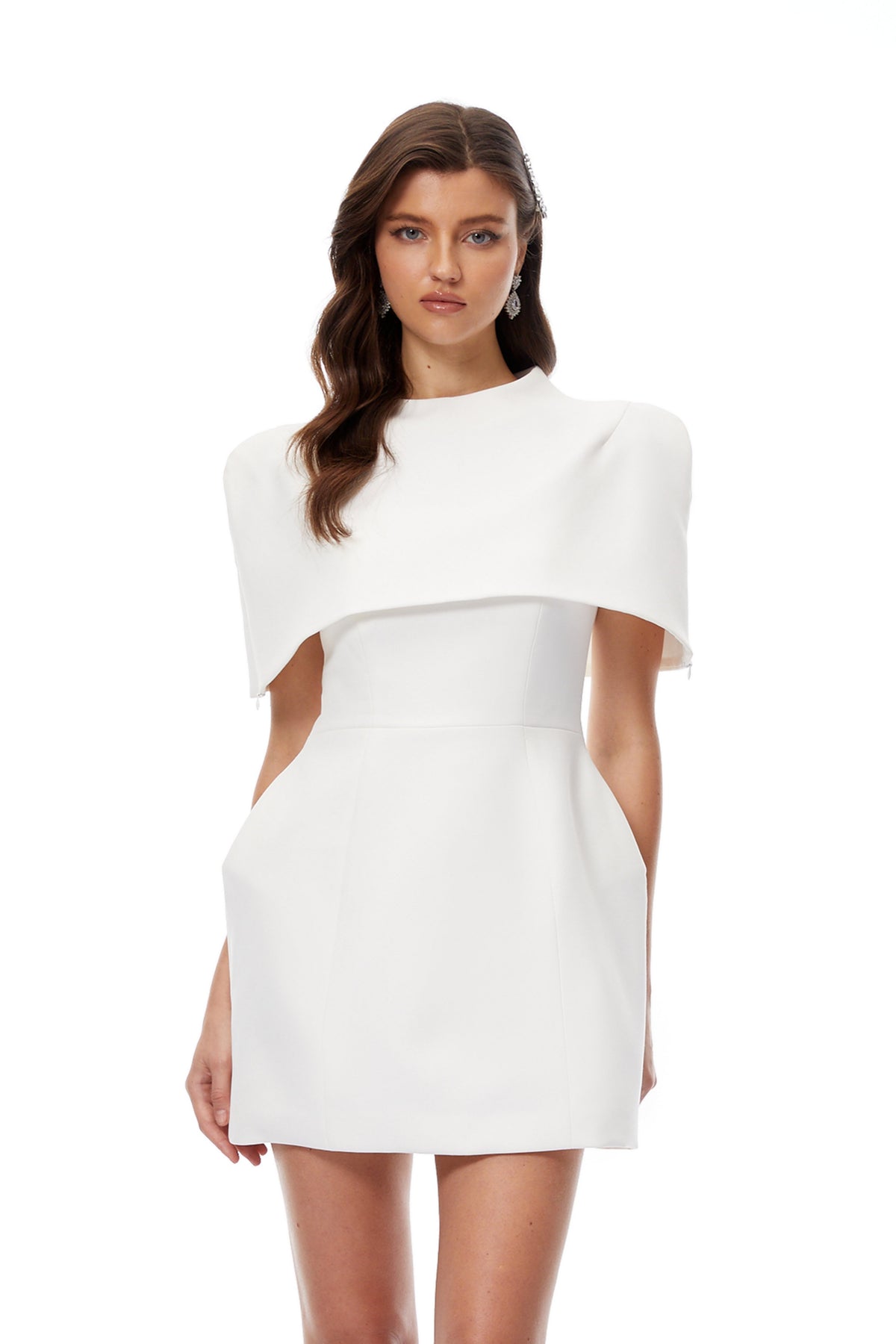 Kristveig White Cape Design Structured Mini Dress