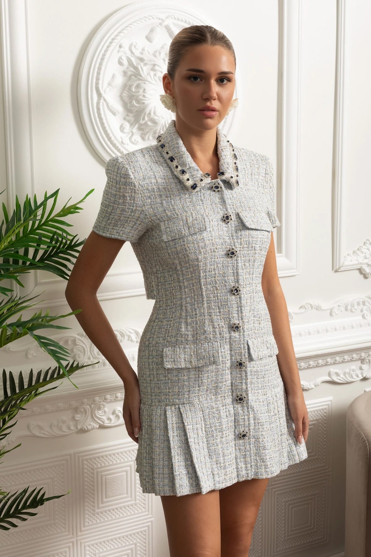 Beaded Collar Tweed Mini Dress with Pleated Hem - Sky Blue