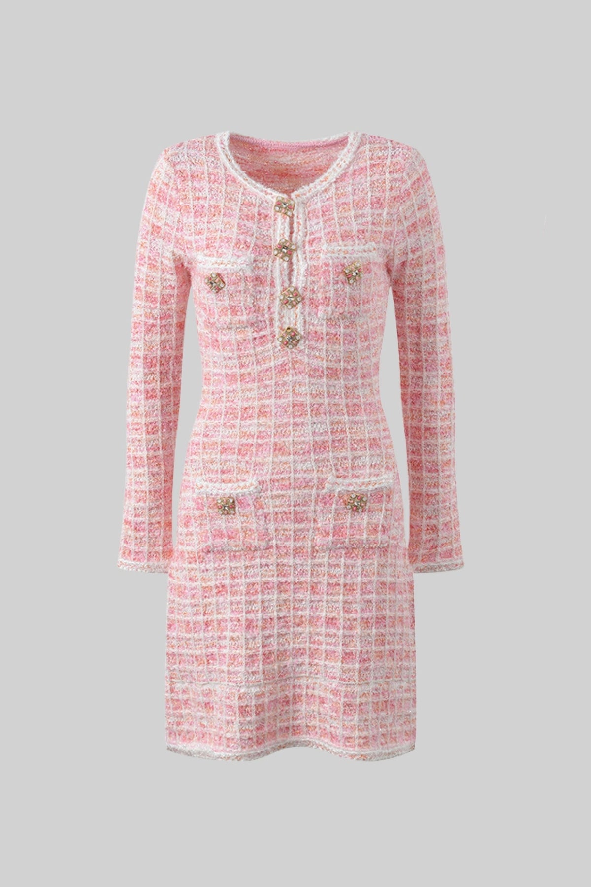 Tweed Mini Dress with Jewel Buttons - Pink