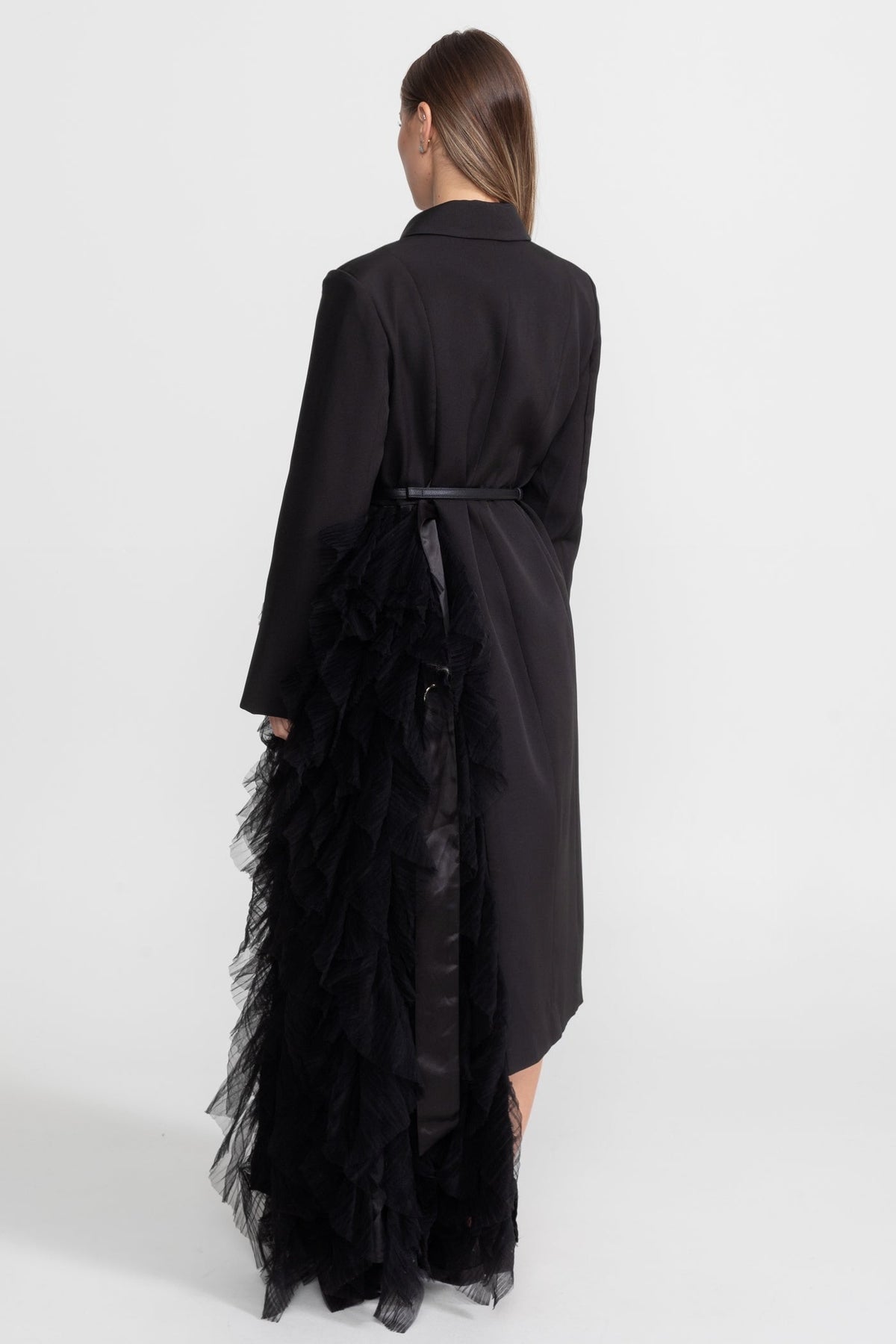 Tulle Cascade Blazer Dress With Notched Lapels – Black