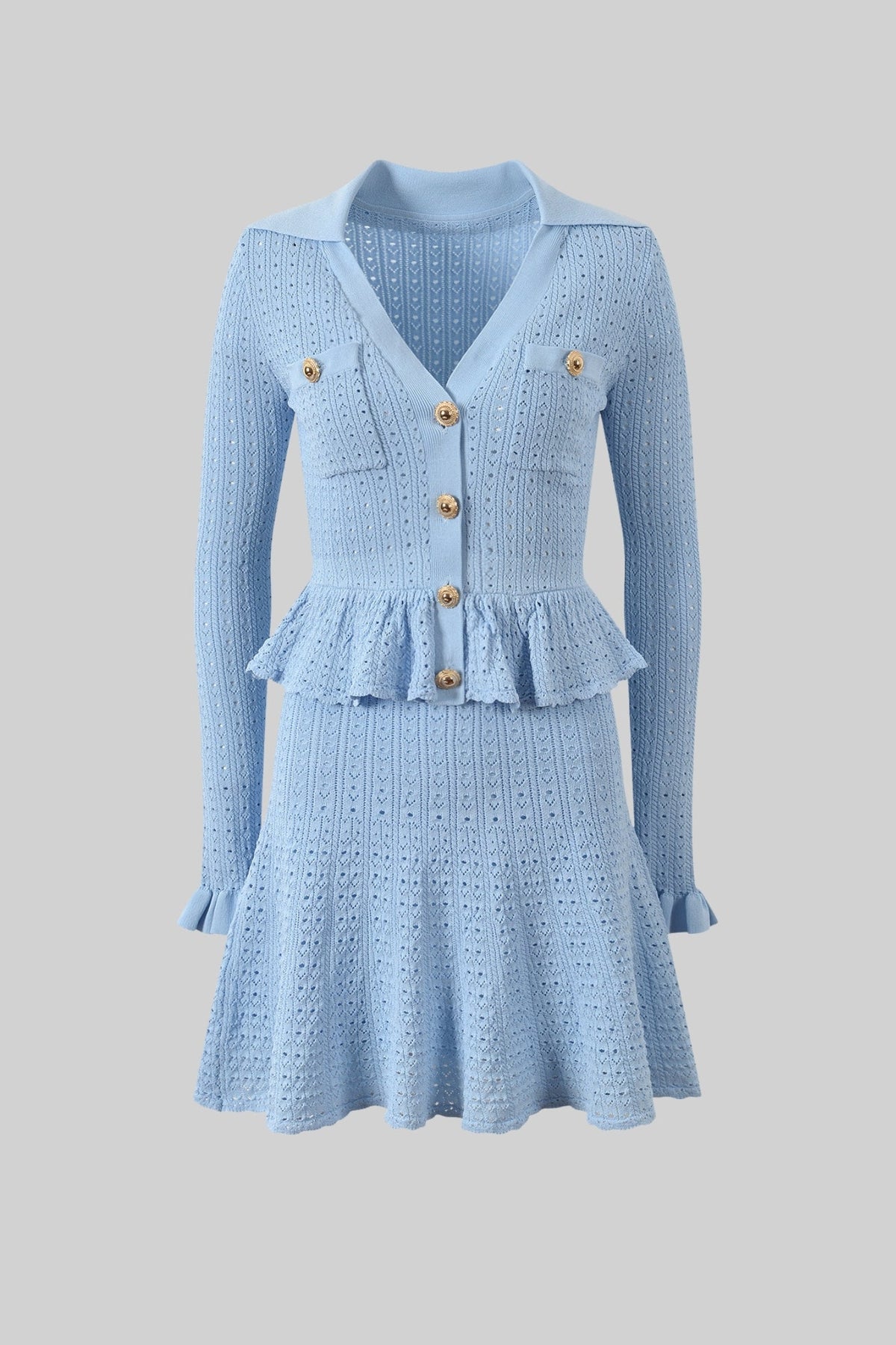 Knit Mini Dress with Peplum Waist and Gold Button Detail - Light Blue