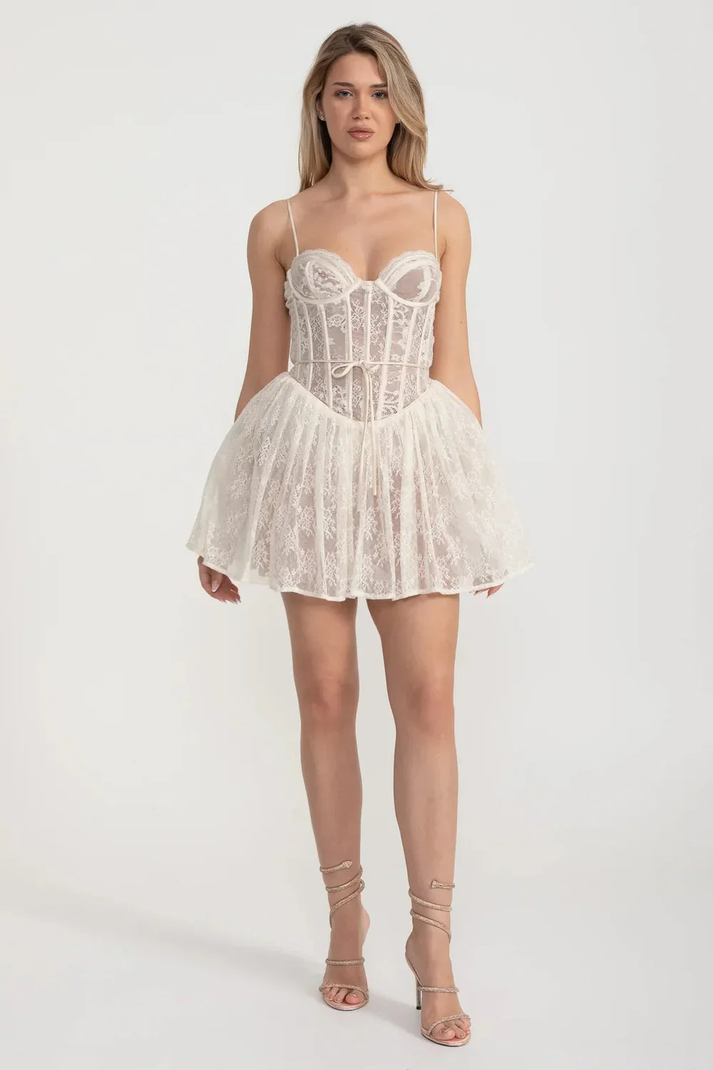 Elegant Lace Strapless Dress With Fitted Bodice And Flared Skirt - White