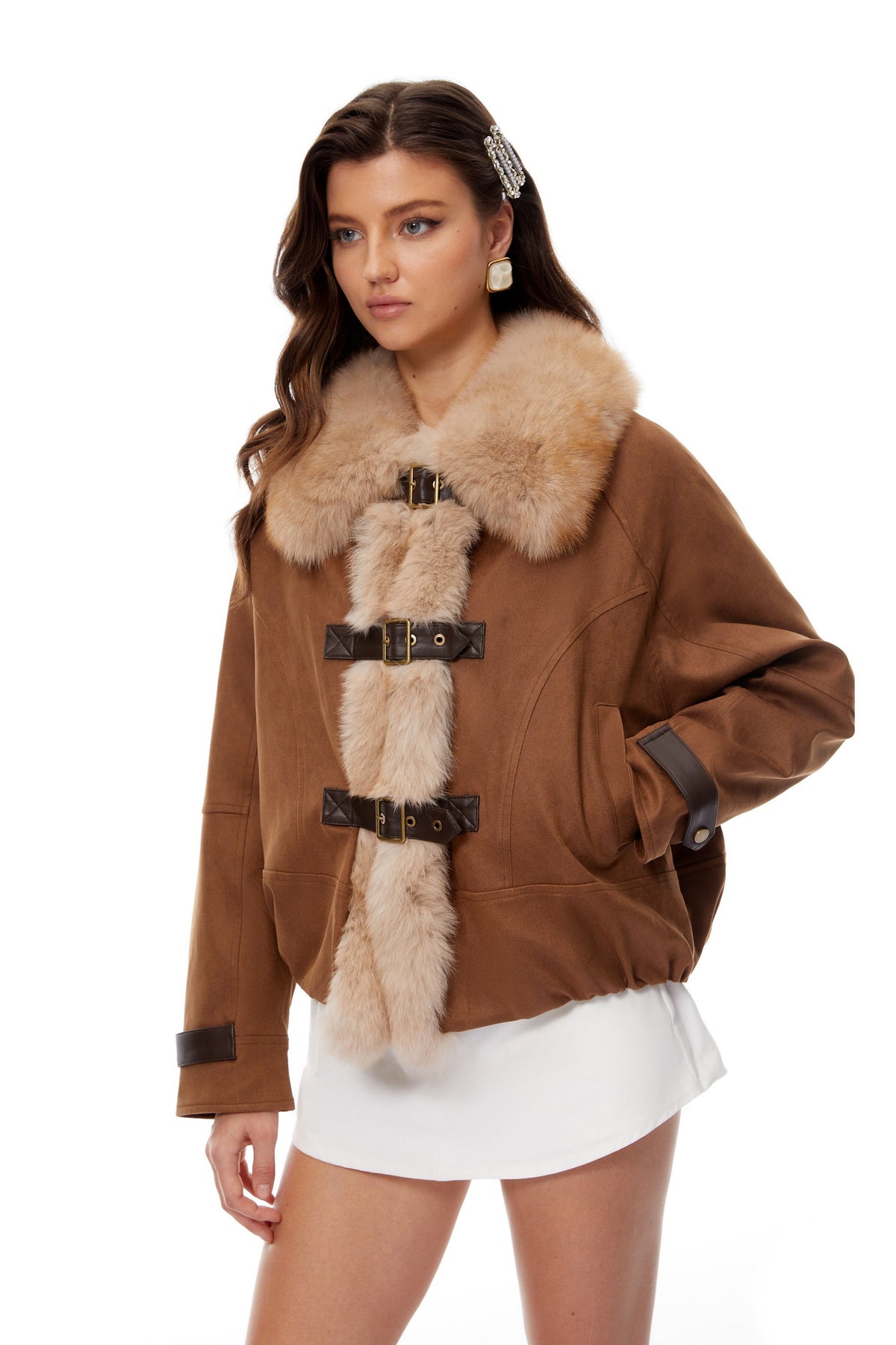 Sloane Camel Brown Fur Panel Padded Jacket