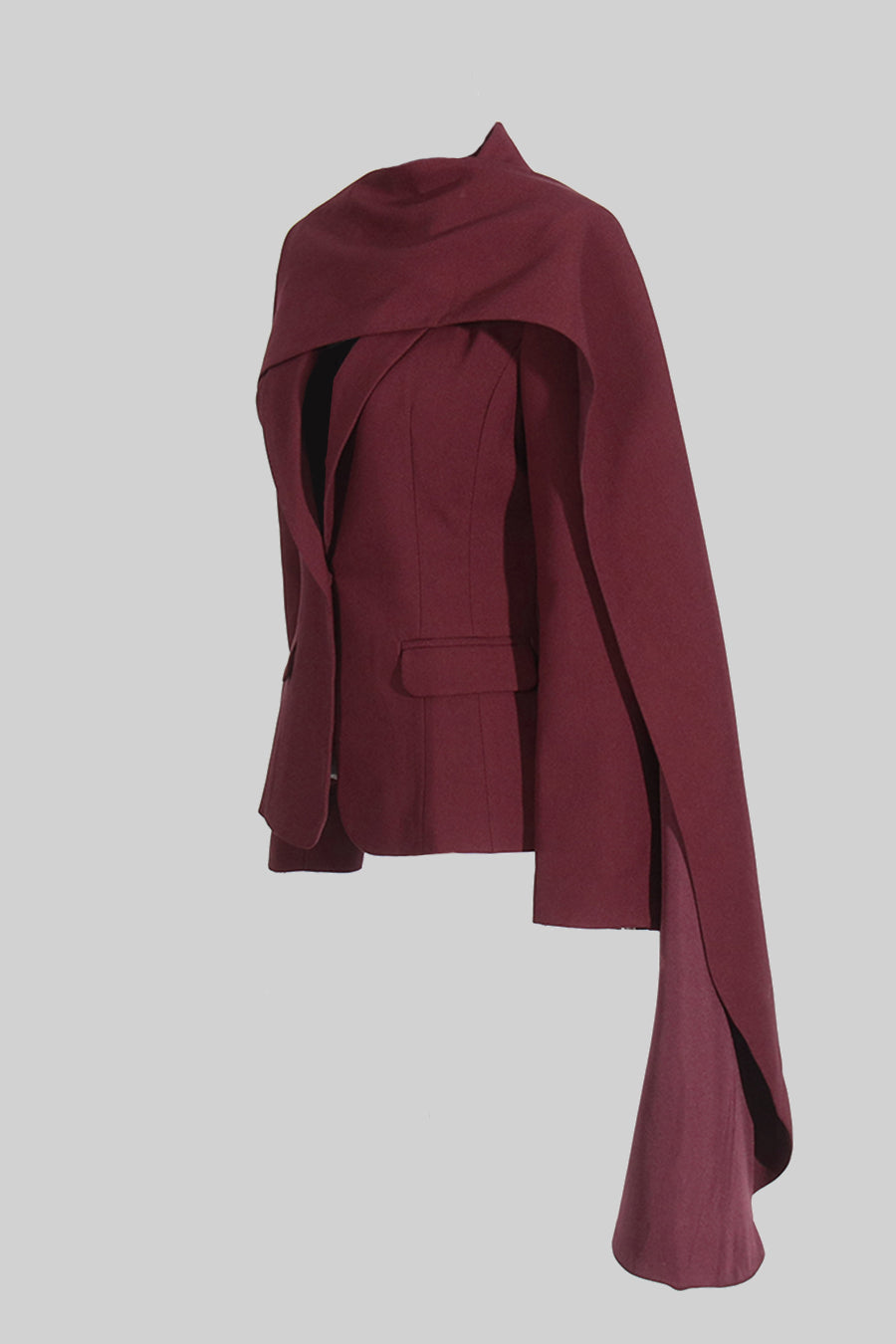 Modern Blazer With Asymmetrical Draped Scarf - Burgundy