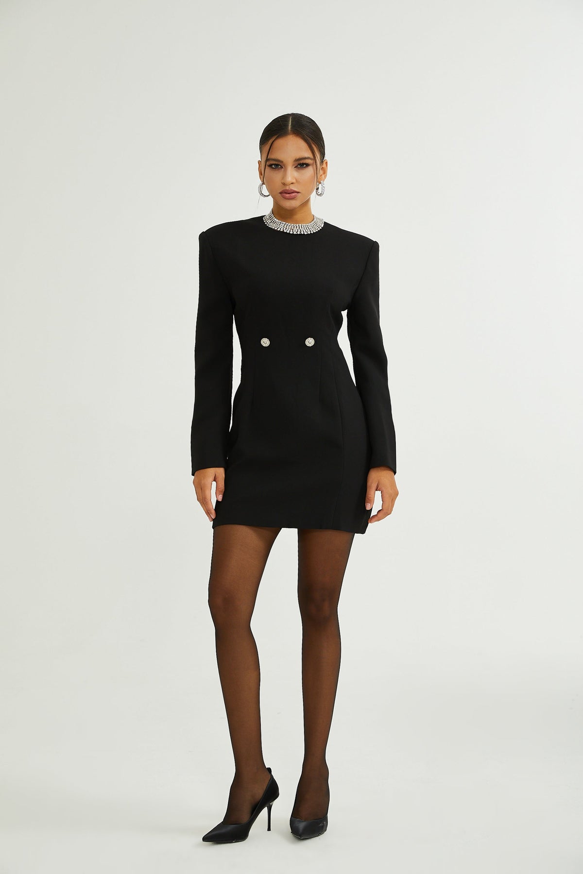 Magali black hourglass shoulder-padded mini dress - Black