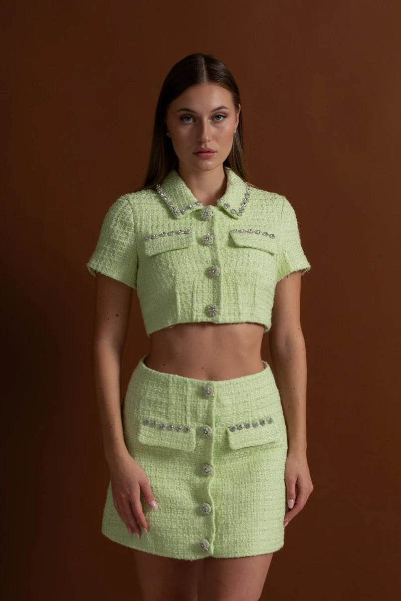 Crystal-Trim Tweed Co-ord Set  – Lime