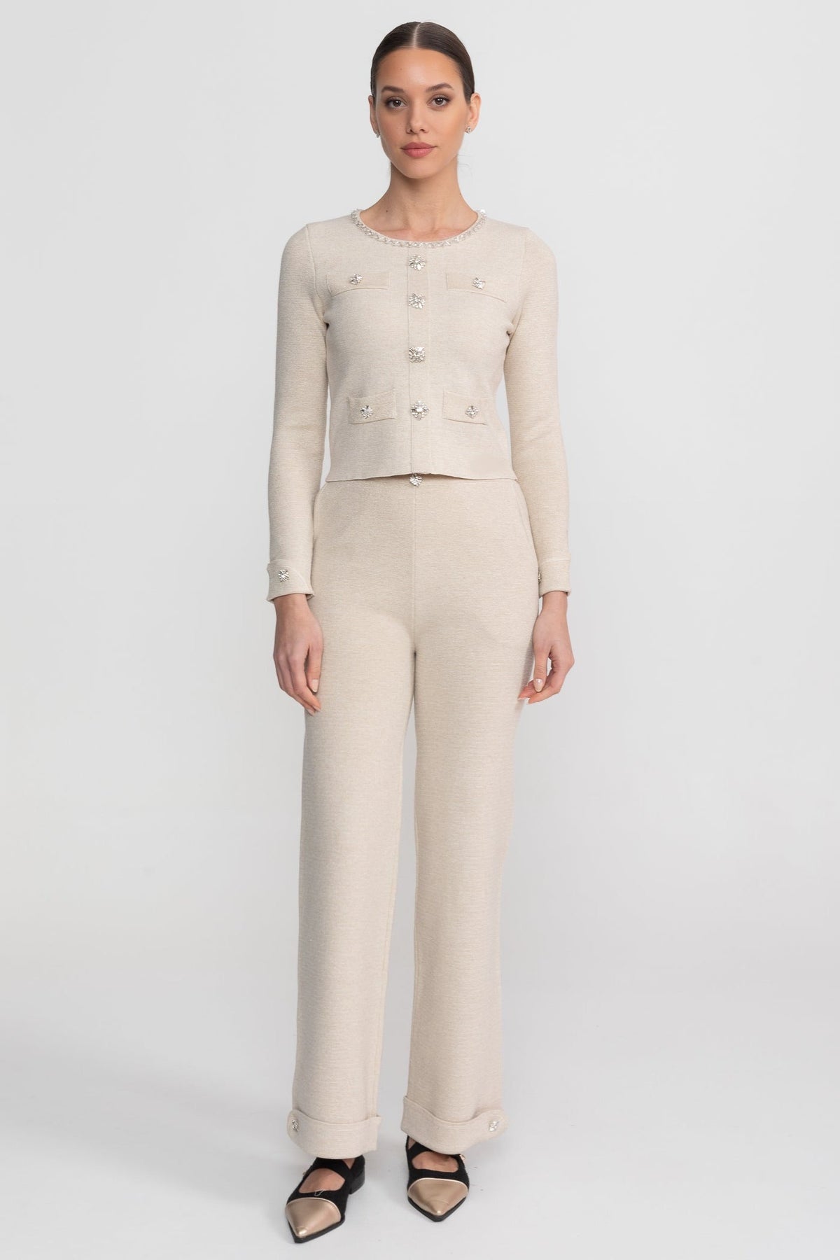 Long Sleeve Knit Co-Ord Set With Sparkling Embellishments - Beige