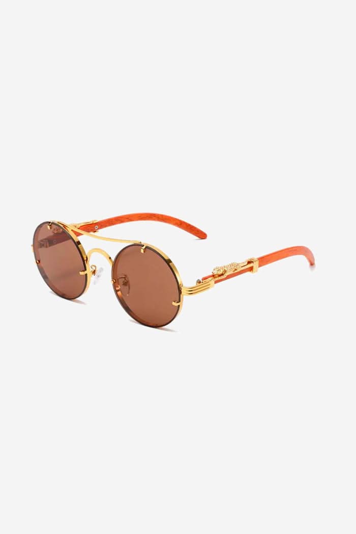 Round Sunglasses with Sculpted Leopard Temples and Double Gold Bridge – Brown