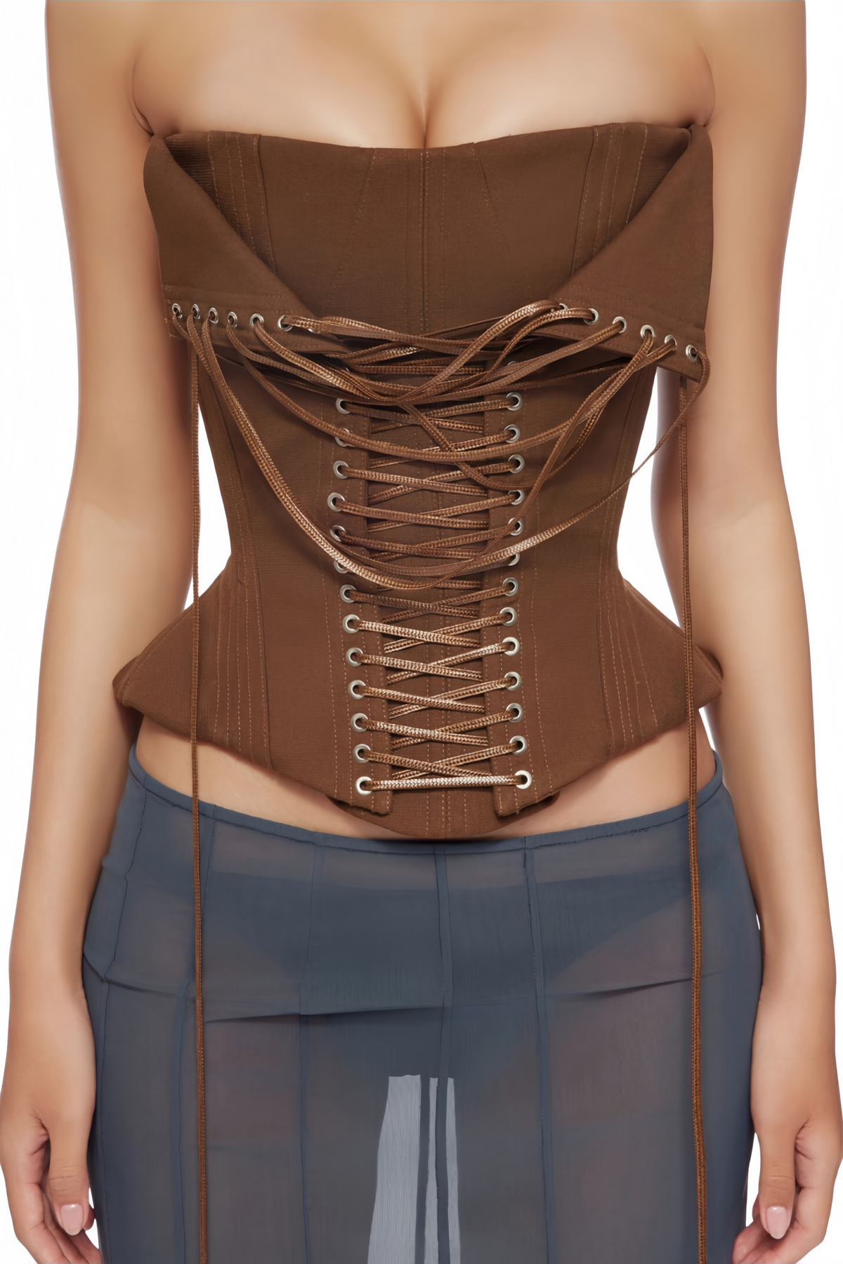 Indre Brown Lace Up Corset Crop Top