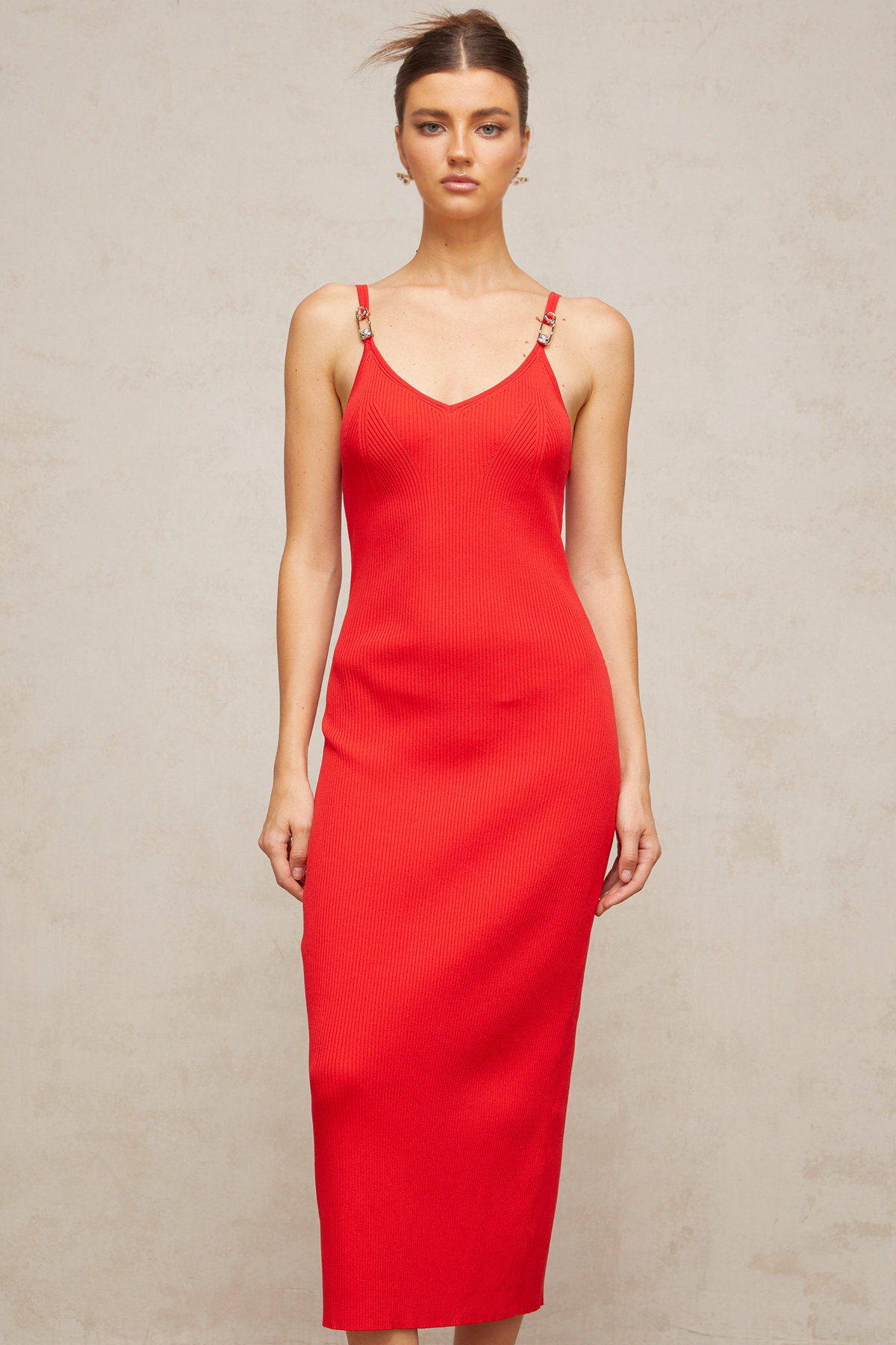 Prunelle red pin-detail knitted midi dress