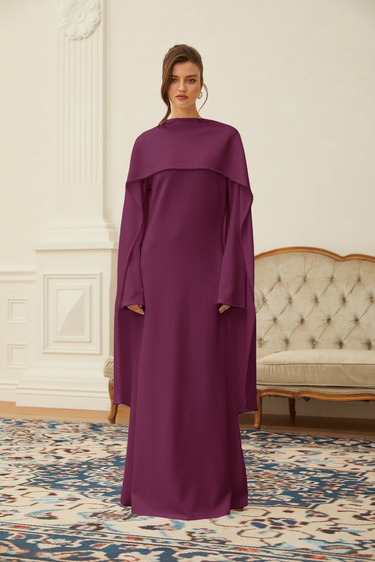 Piroska Purple Pearl Trim Shawl Detail Maxi Dress (Final Sale-US Only)