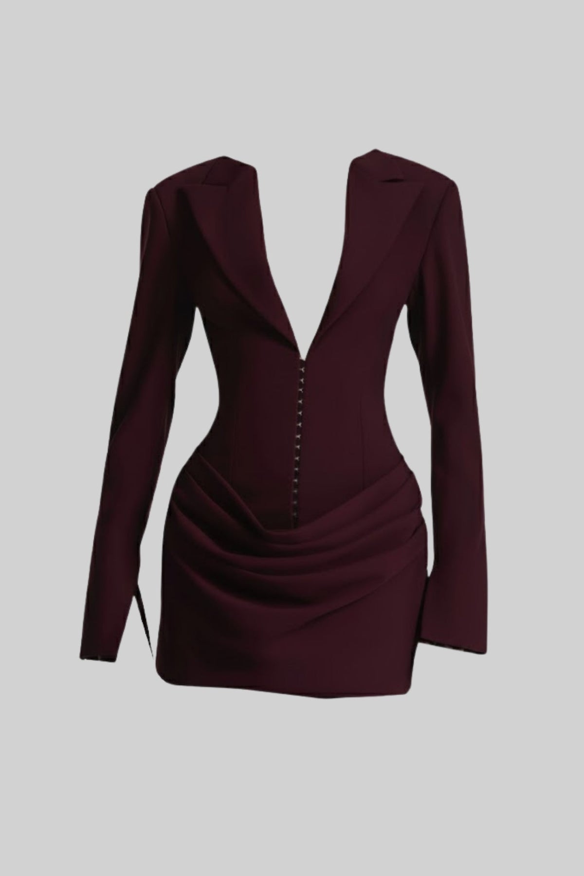 Draped Blazer Mini Dress With Deep Neckline – Dark Burgundy
