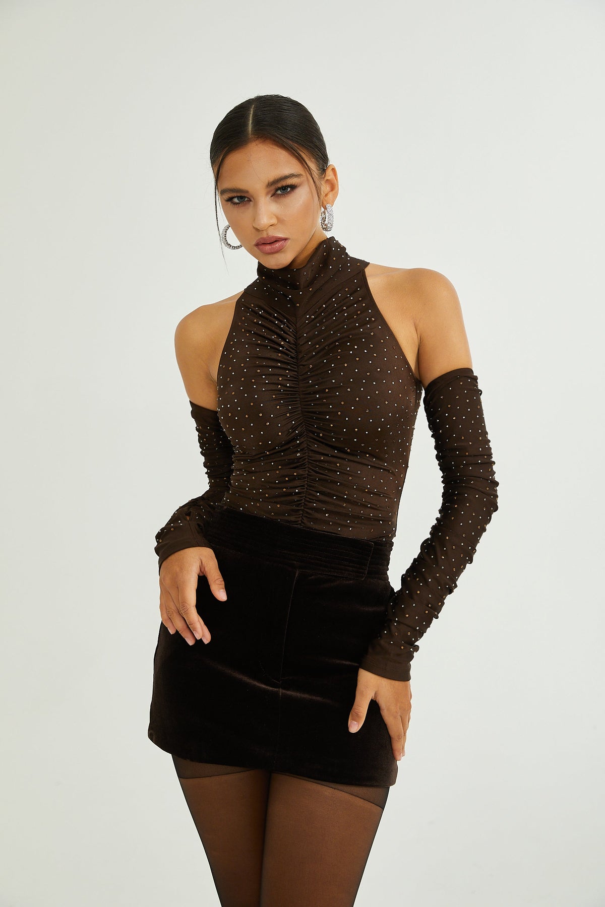 Rose-Suzette brown crystal-embellished bodysuit