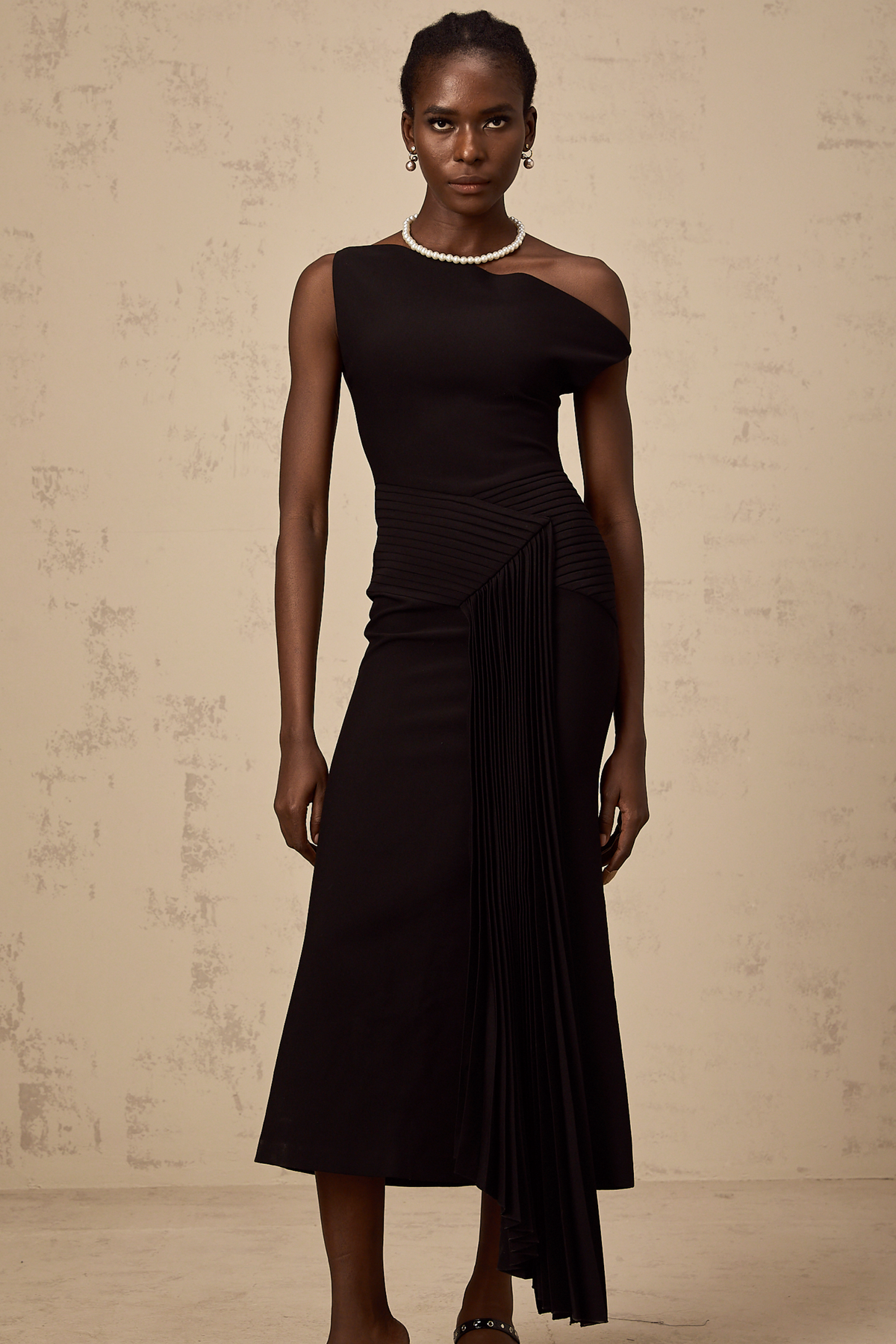 Laurine asymmetrical draped midi dress in Black (Final Sale-US Only)