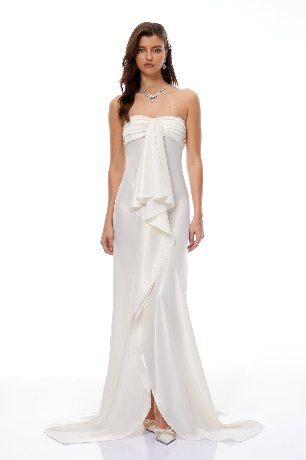 Lilla Beige Strapless Ruffled Satin Maxi Dress  (Final Sale-US Only)