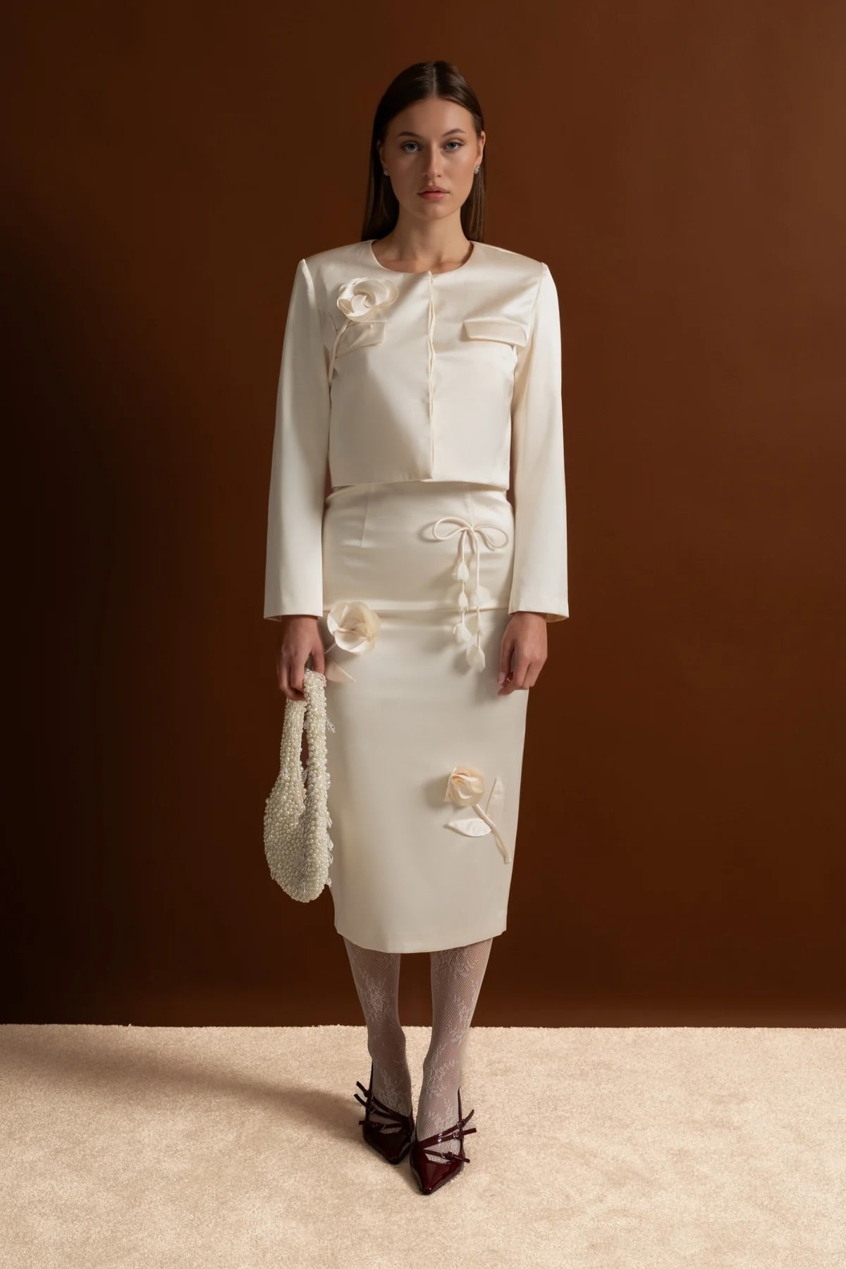 Taffeta Top with 3D Floral Appliqué - Ivoire