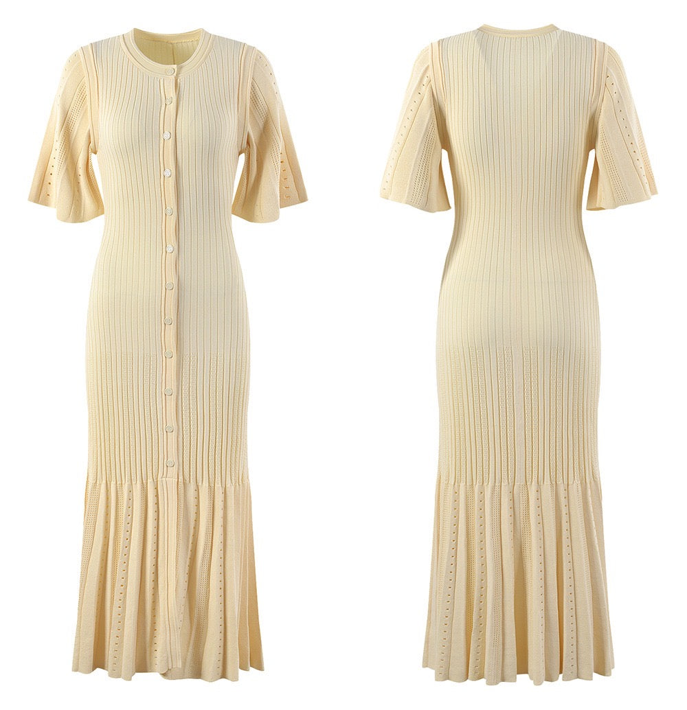 SANDRO Fine-knit midi dress with openwork design yellow/beige