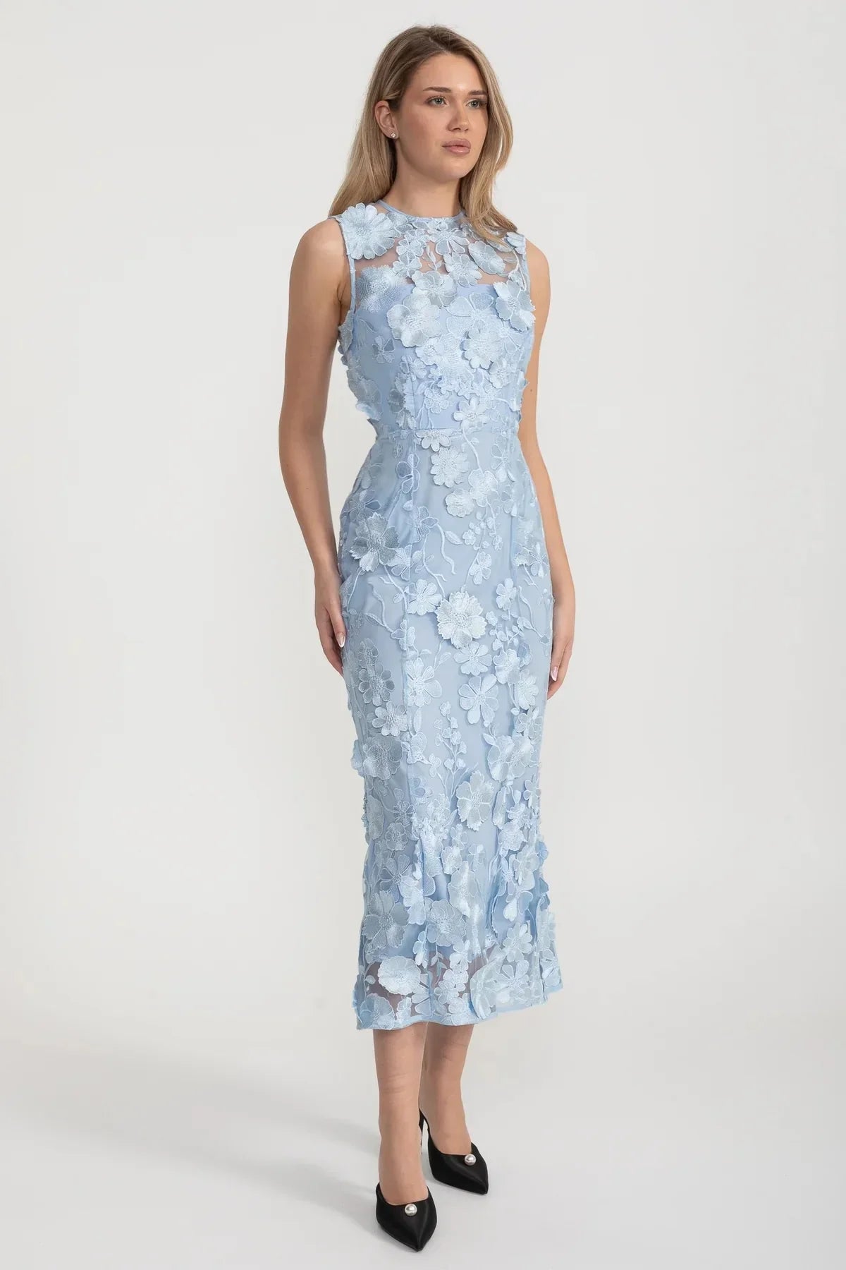 Sheer Dress With Fitted Waist And Floral Appliques - Light Blue