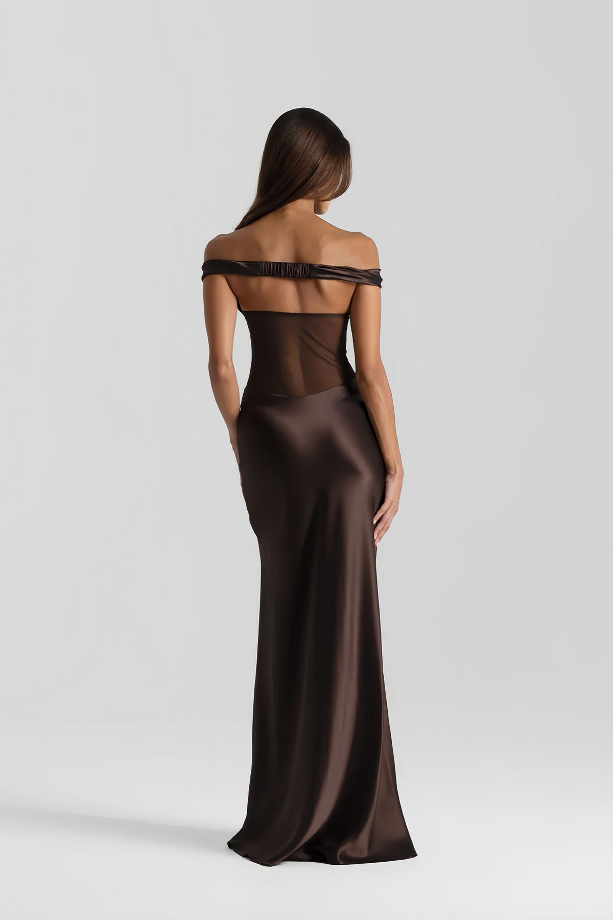 Gitta Brown Off Shoulder Satin Maxi Gown