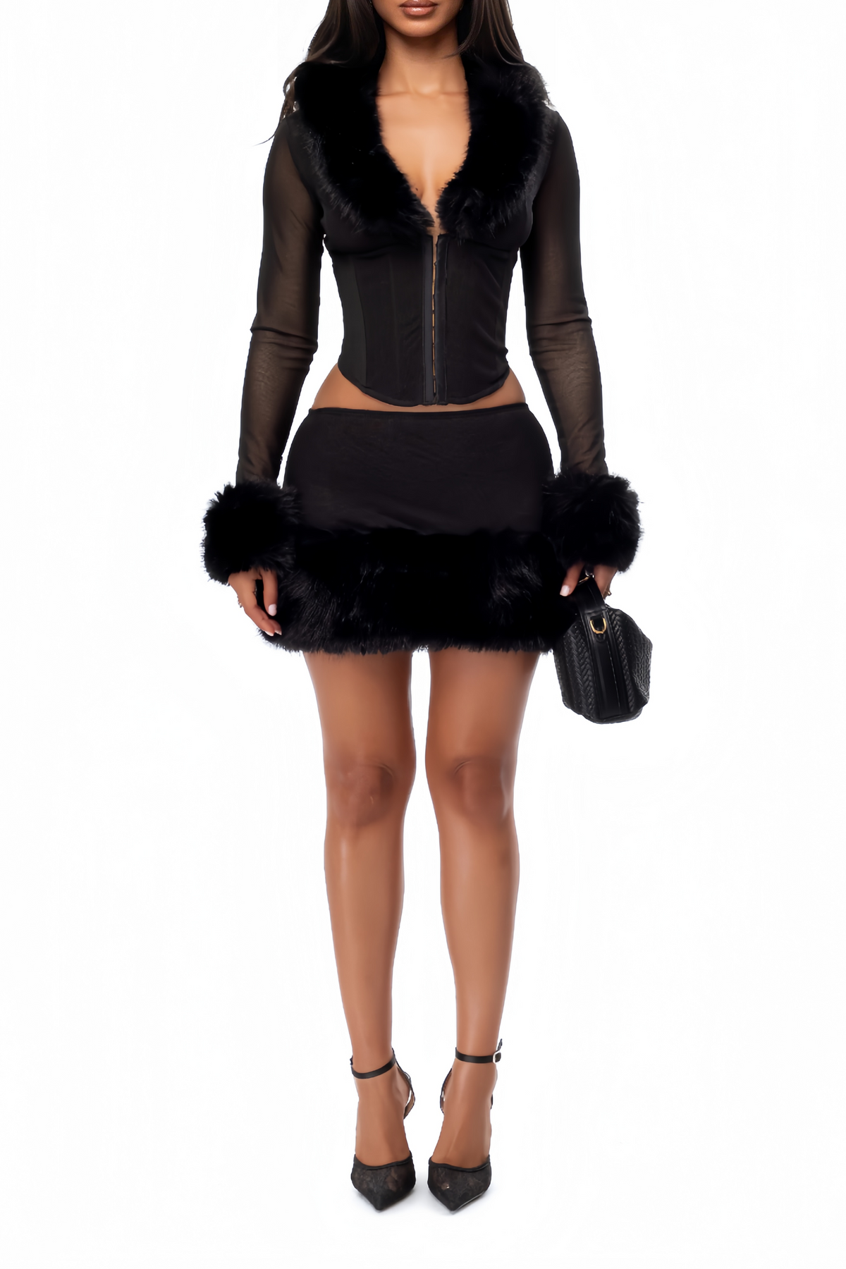 Amelie Black Faux-Fur Trim Top & Skirt Set