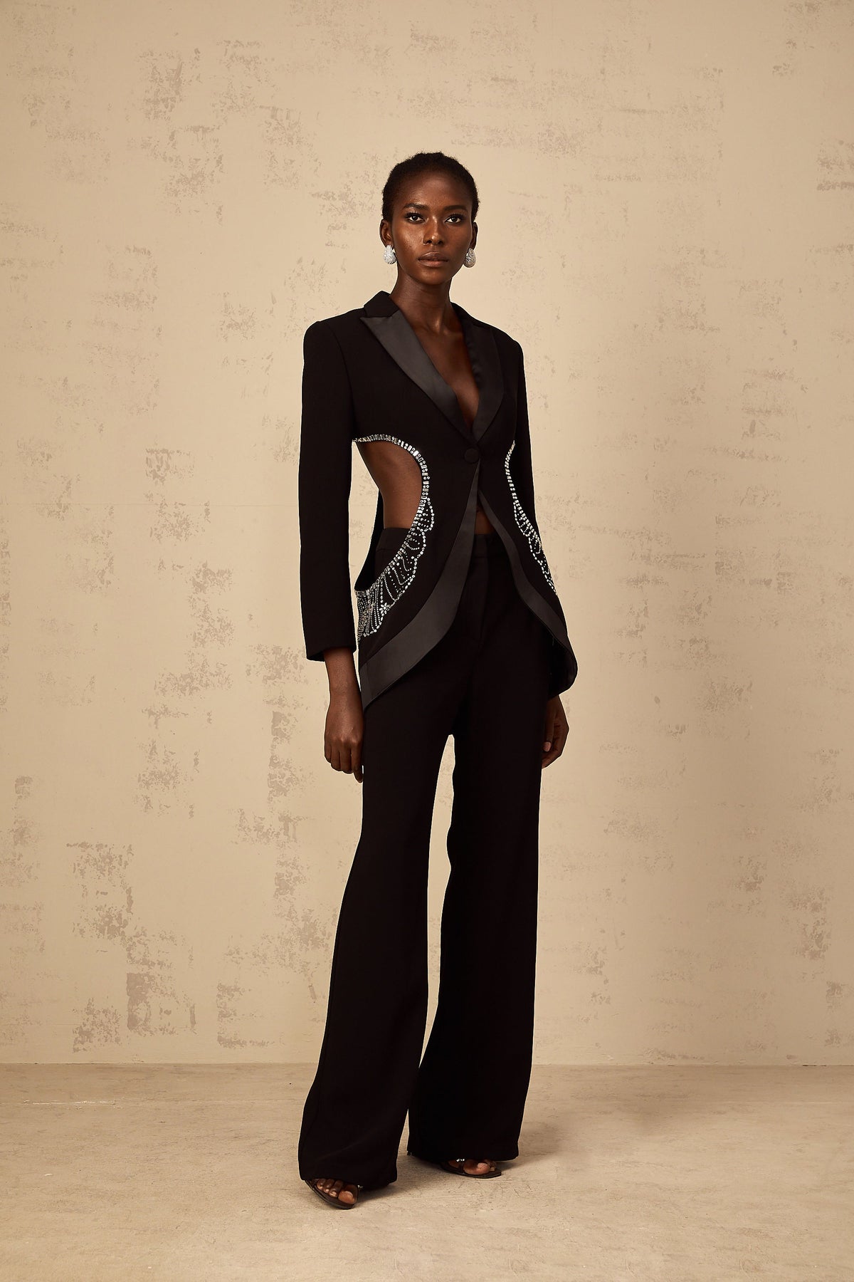 Annabelle Black Cut-Out Embellished Blazer & Trousers Set