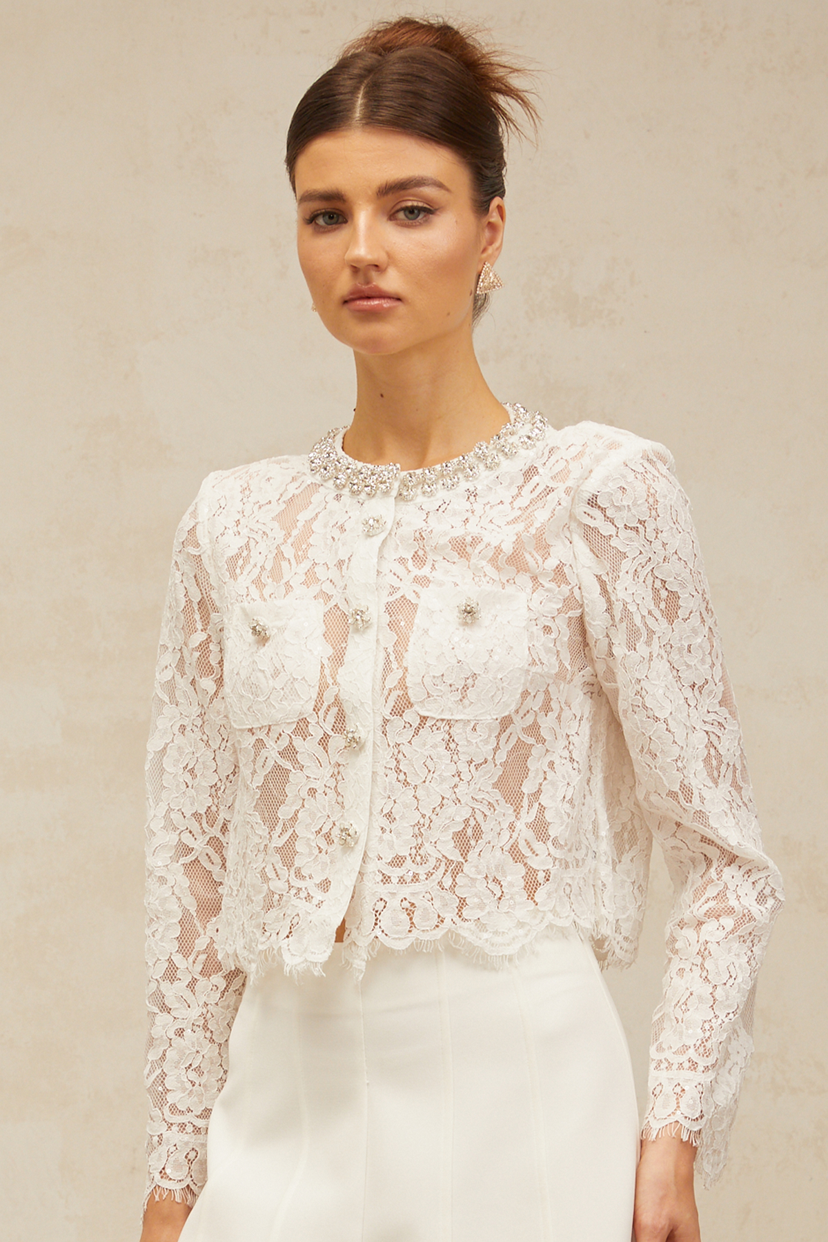Monique white embellished floral-lace jacket