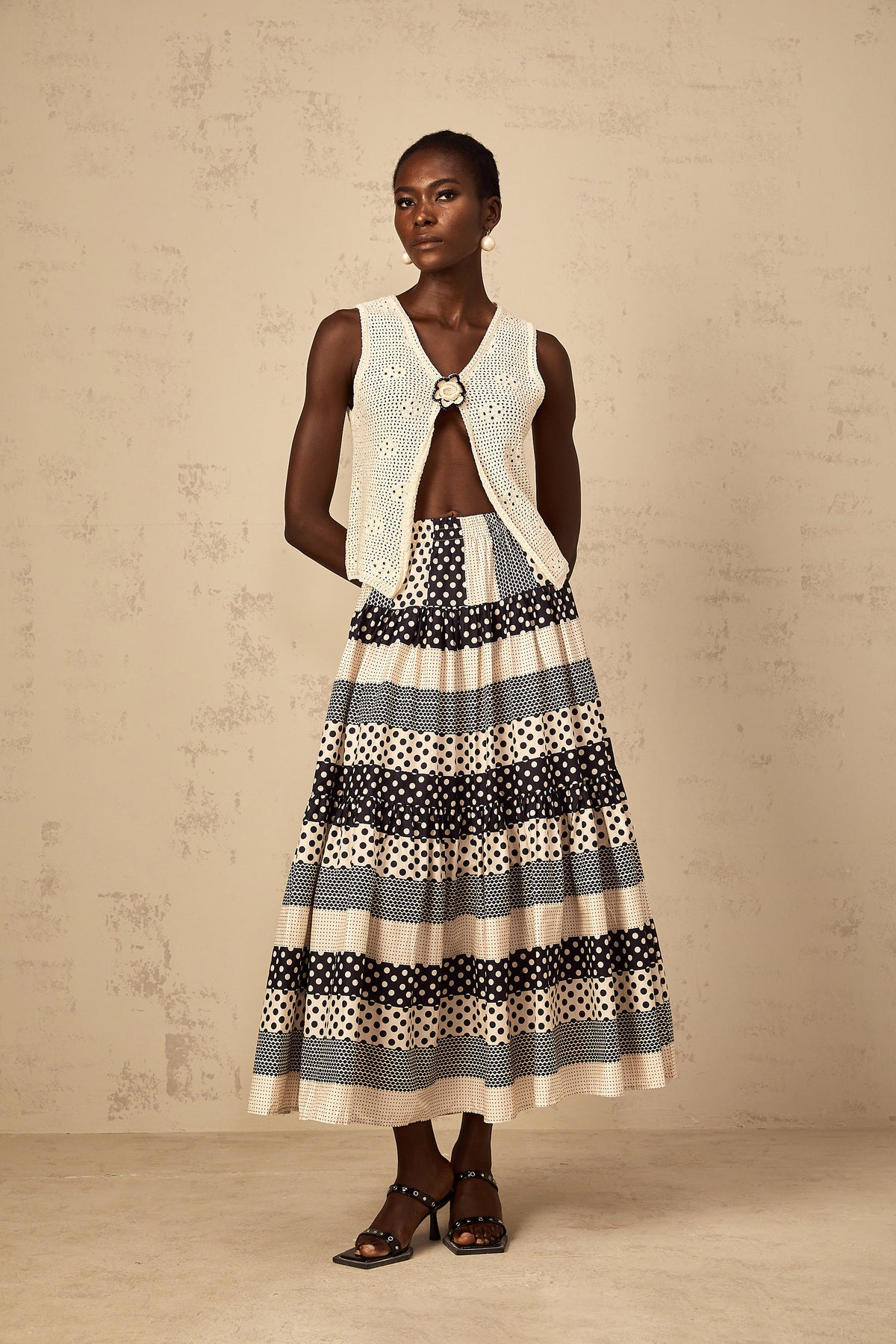 Joséphine Color Block Shirred Polka Dot Skirt