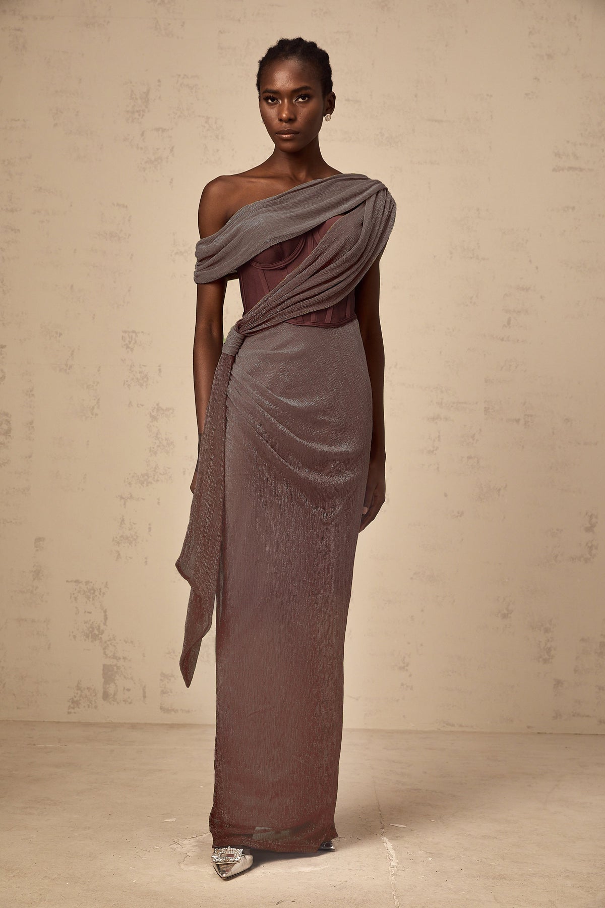 Delphine ribbon-design corset maxi dress in Brown