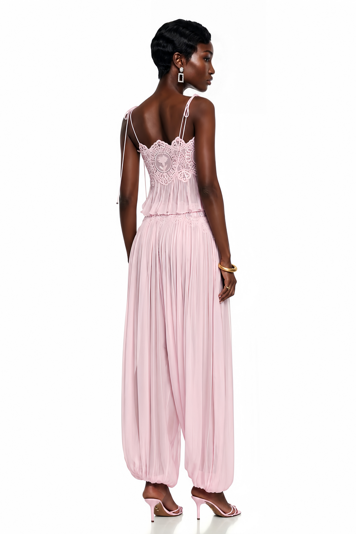 Kamila Pink Lace Trim Ruched Top & Trouser Set
