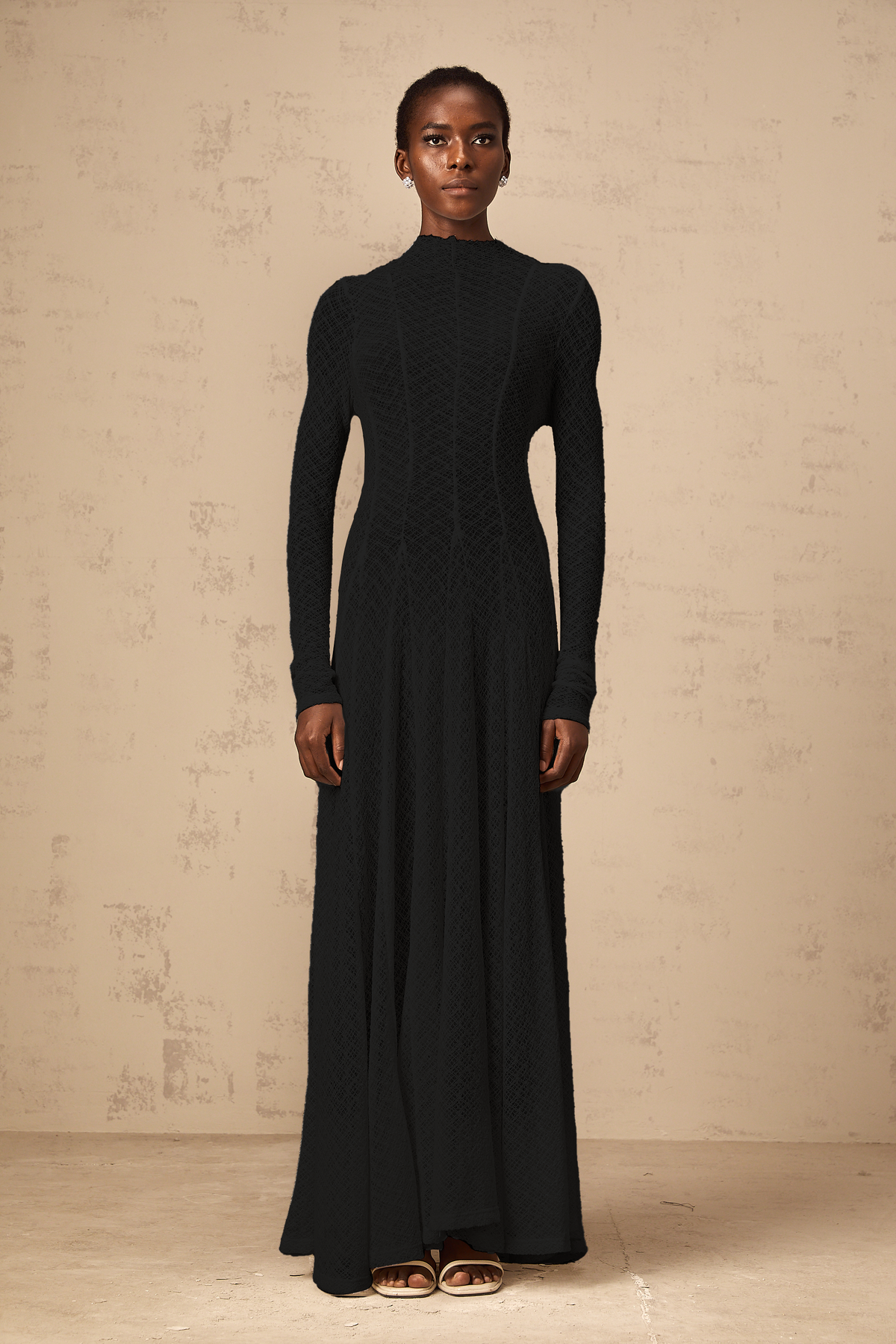 Athena wavy-pattern lace maxi dress in Black
