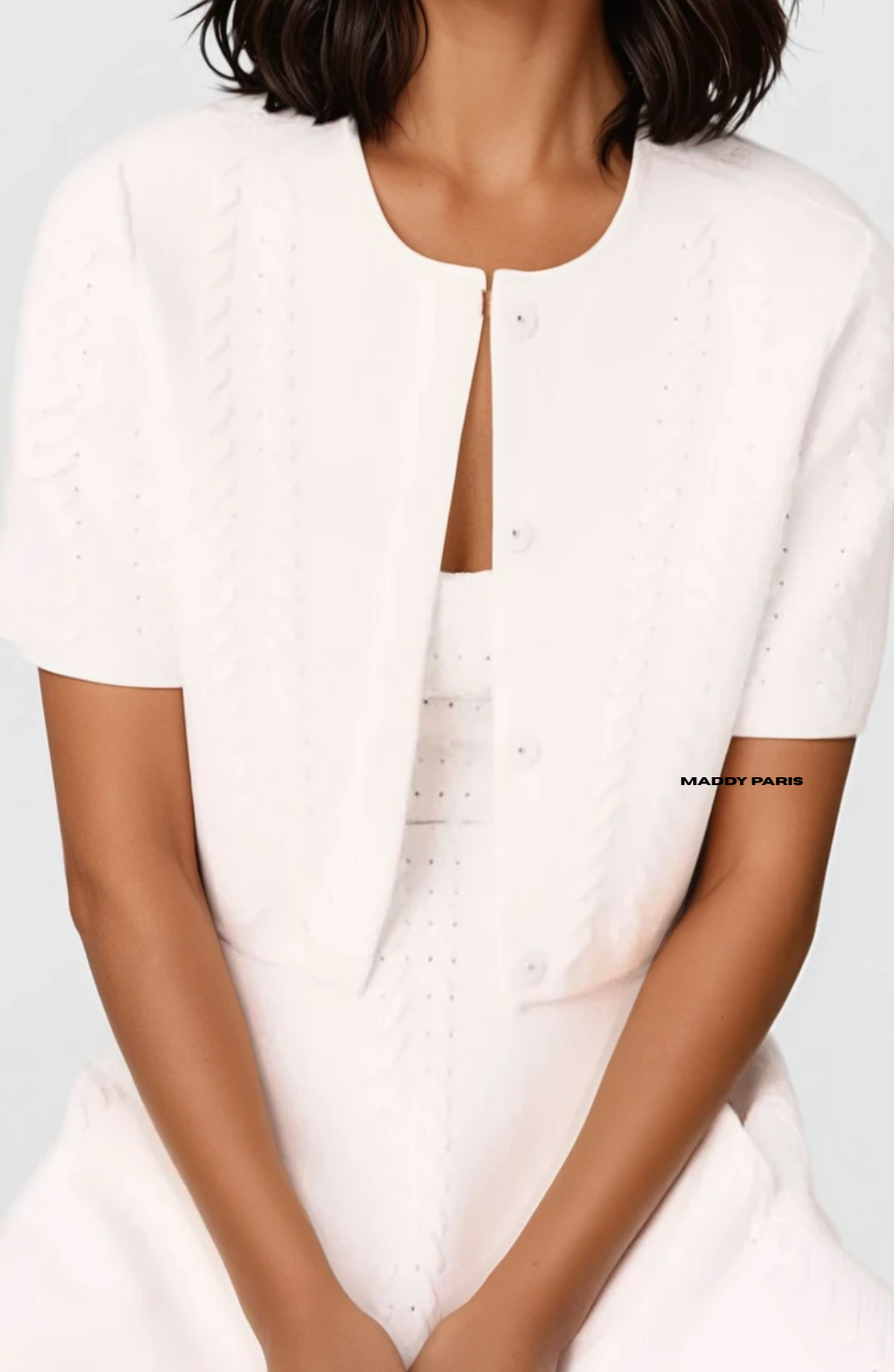 Skyla Short Pointelle Knit Cropped Cardigan – White