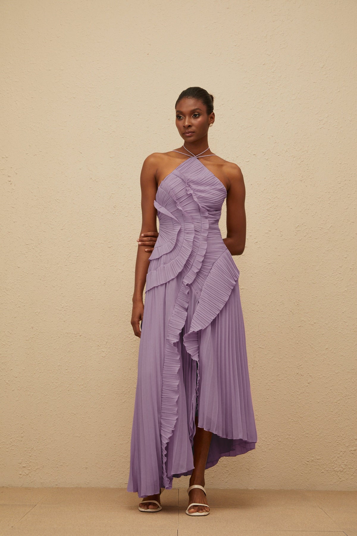 Doux Purple Ruffled Trim Pleated Midi Dress
