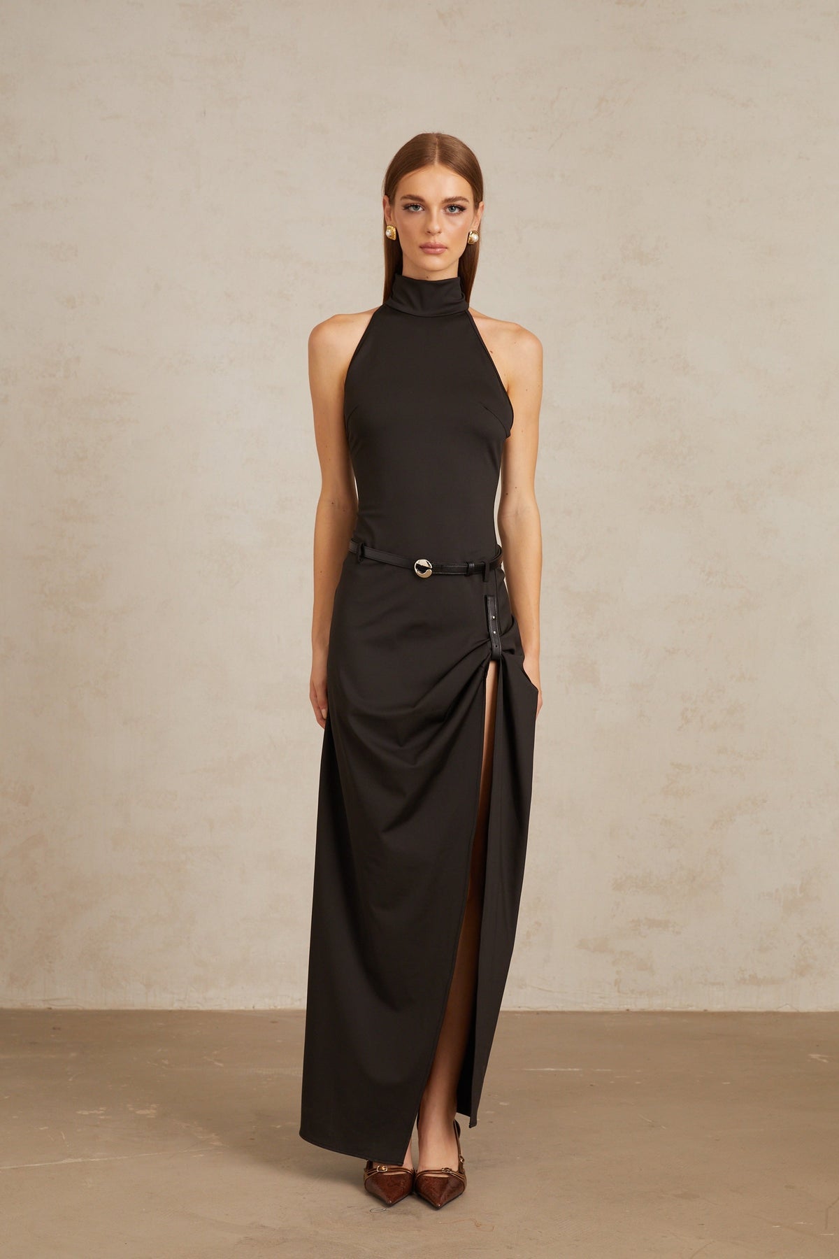 Uranie Black Gathered Halterneck Maxi Dress
