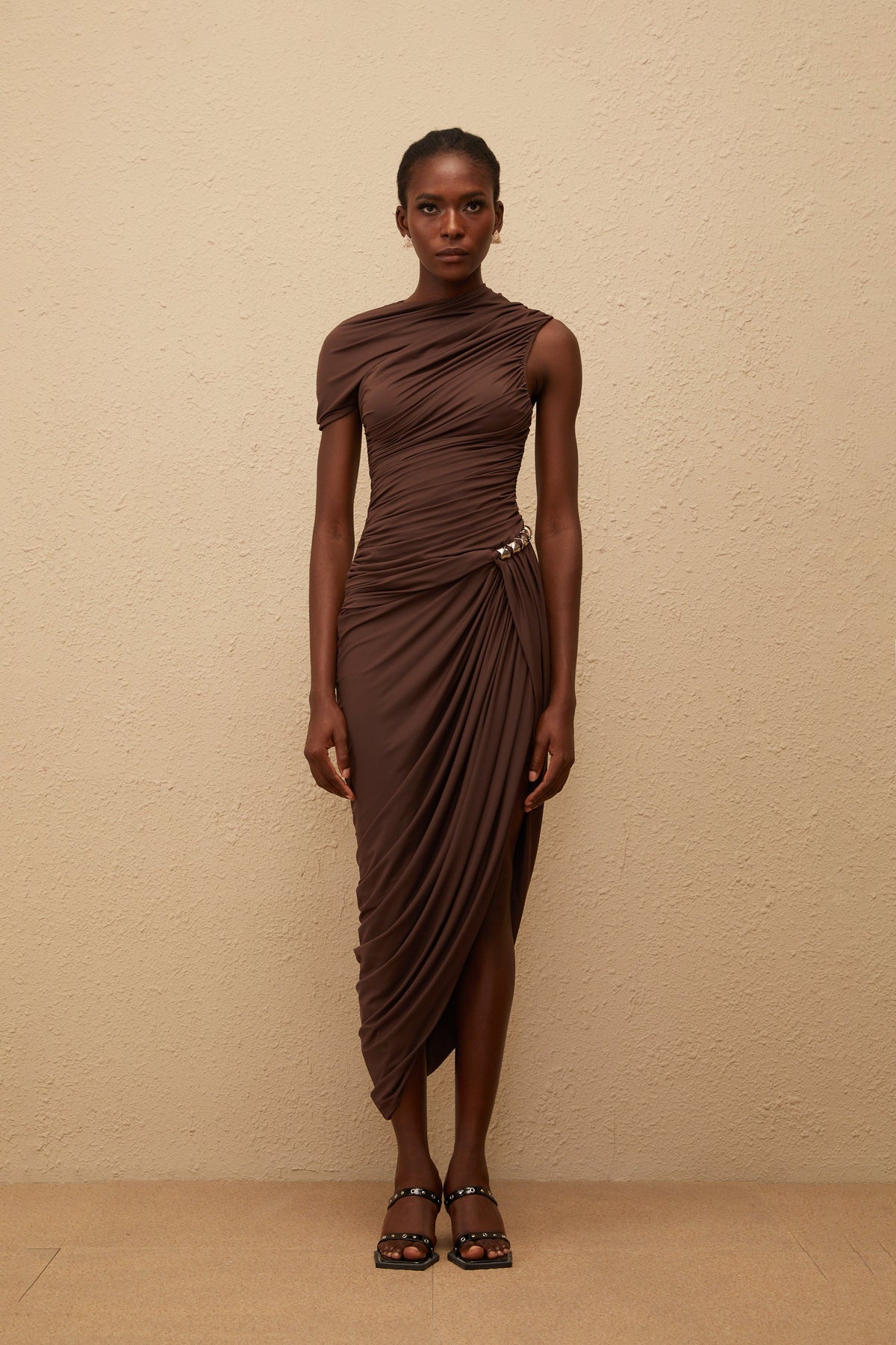 Prune Brown Night Out Asymmetrical Ruched Midi Dress