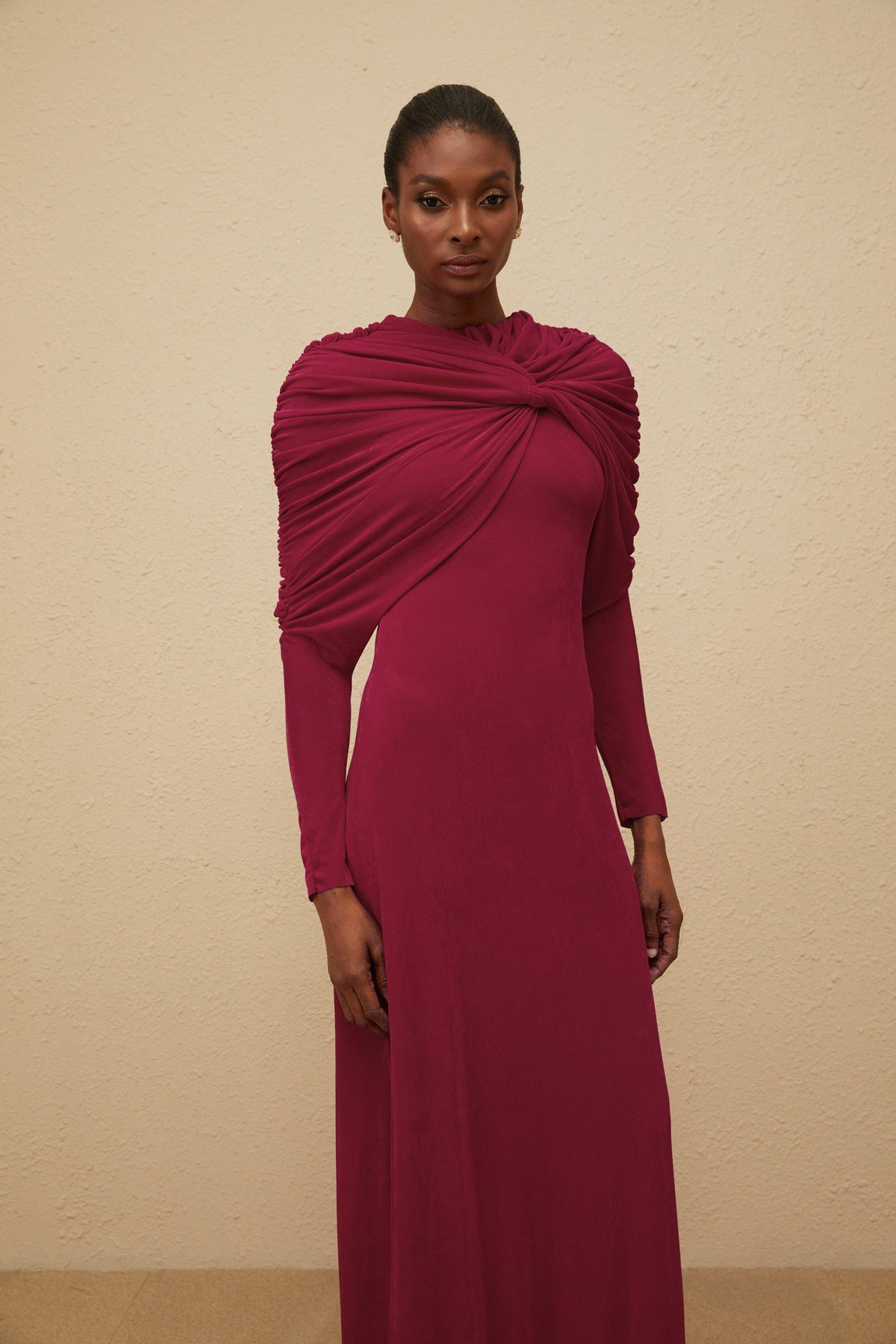 Moderne Red Cape-Design Ruched Maxi Dress (Final Sale)